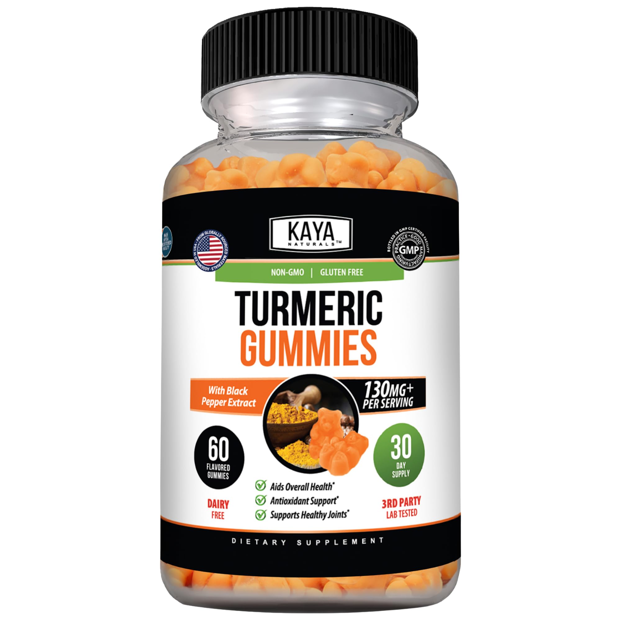 Kaya Naturals Turmeric Gummies with Black Pepper, 130 mg, 60 Gummies 60 Count (Pack of 1)