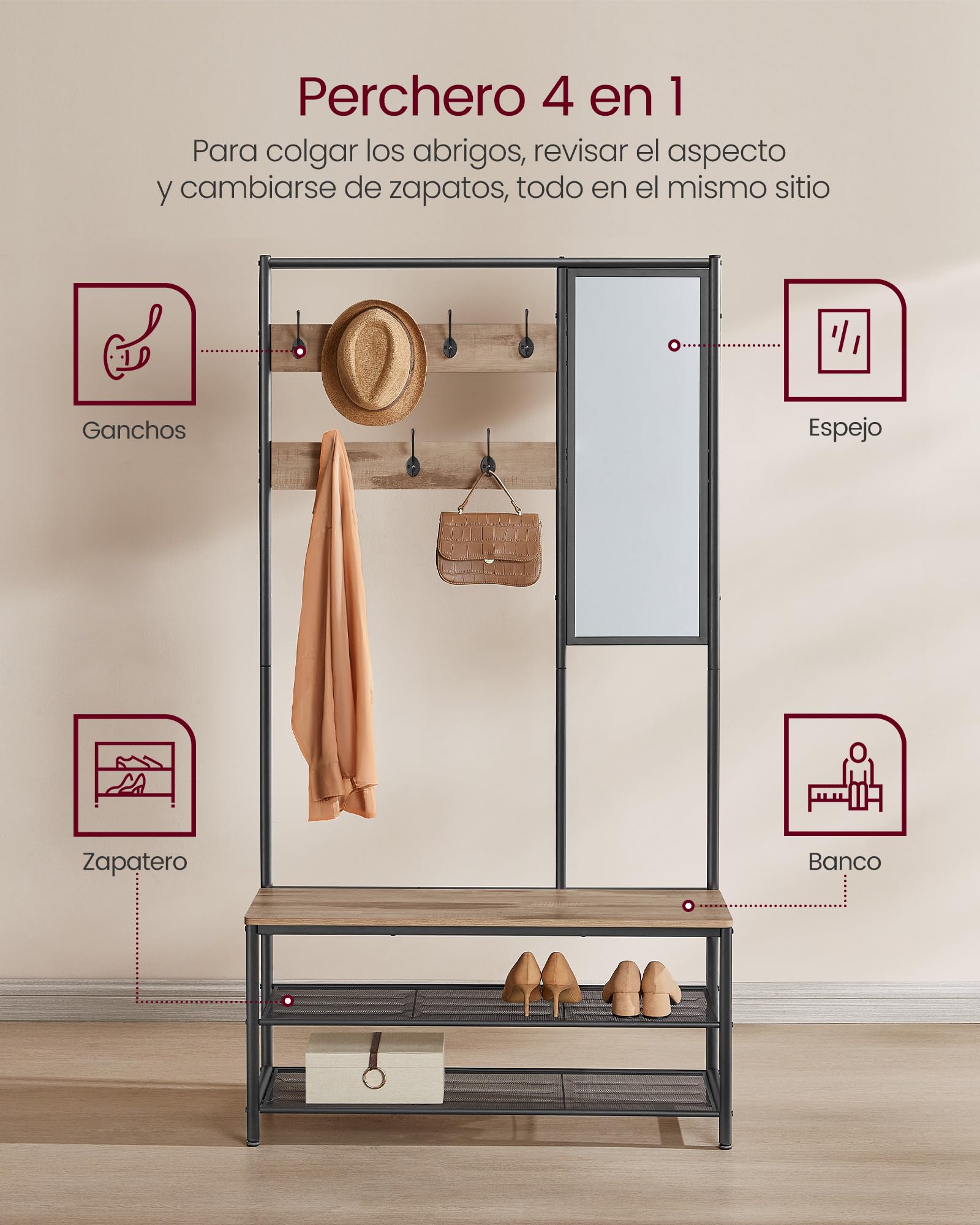 VASAGLE Perchero con Zapatero, Perchero para Pasillo con Espejo, Ganchos, Banco y Zapatero, 35 x 98 x 180 cm, Pasillo, Dormitorio, Entrada, Industrial, marrón Camello y Tinta Negra HSR415K01