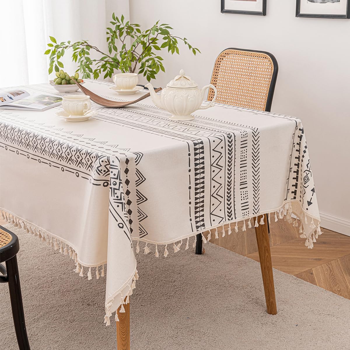 Tassels Tablecloth, Bohemian Fringe Waterproof Colorful and Black-and-White Table Cloth,Rectangle Round for 8 Foot, Dining Table Cover, Festival,Indoor Outdoor (Black-and-White, 55 * 55)