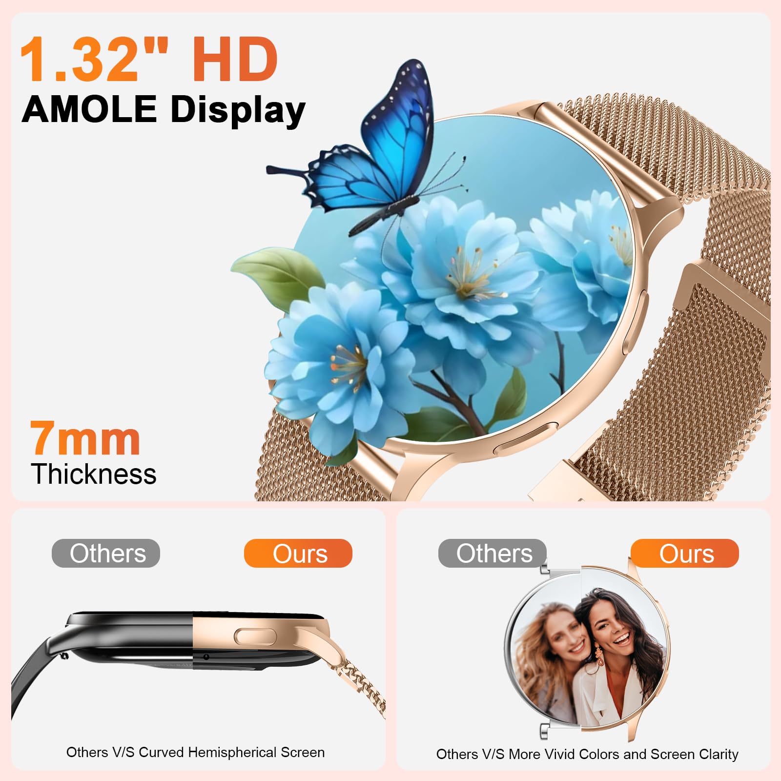 Smartwatch Damen Rund 1.32" AMOLED Schrittzähler Telefonfunktion Fitness Tracker Pulsuhr Schlafmonitor SpO2 IP68 Wasserdicht Sportuhr 120+Sportmodi Android iOS Rose gold