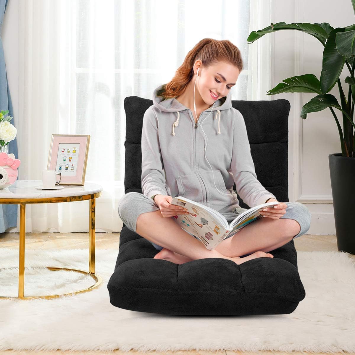 14-Position Floor Chair, Adjustable Folding Gaming Chair Lazy Sofa w/Cushion, Meditation Chair with Back Support, Folding Floor Couch for Reading Bedroom, Living Room for Adults Kids (Black)