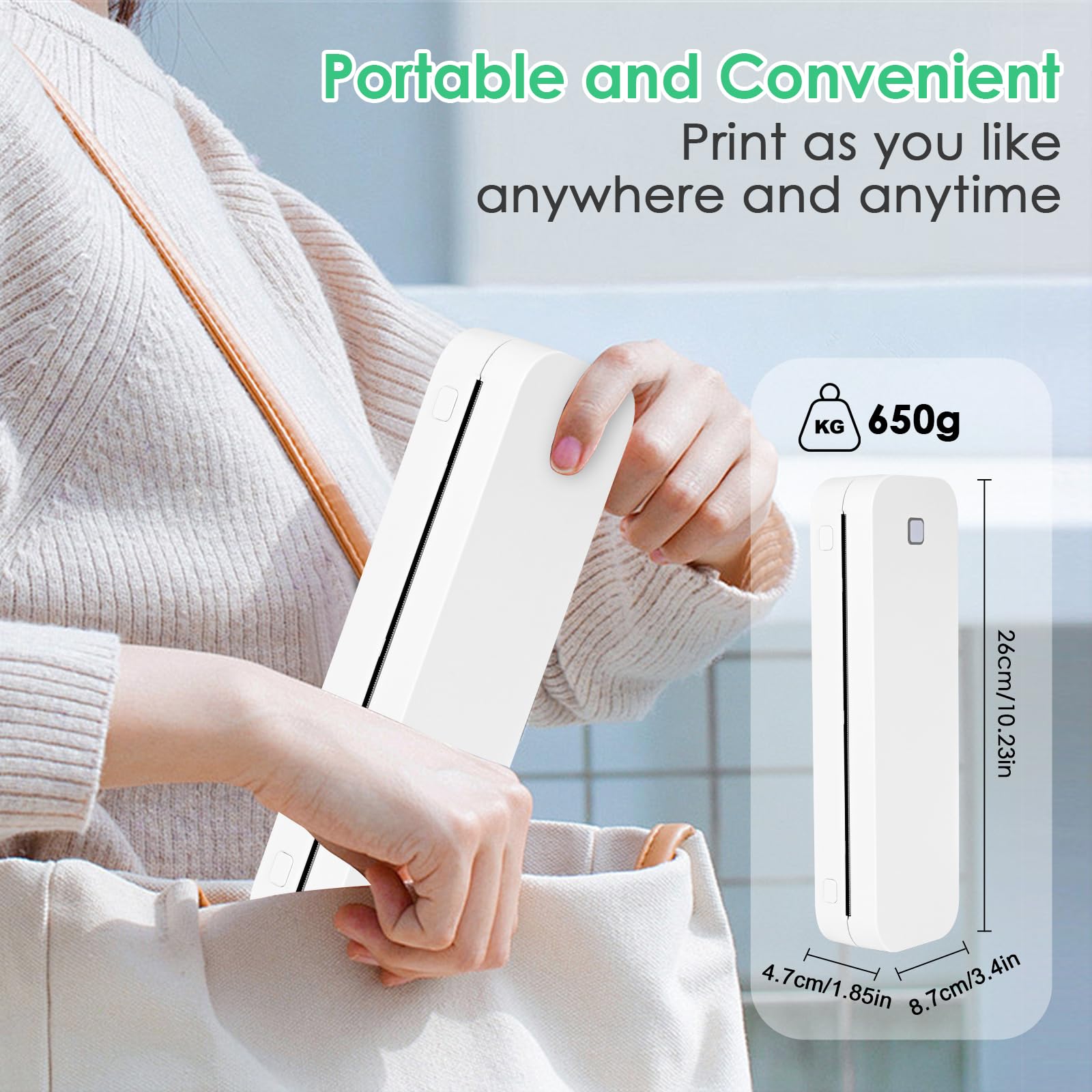 Imprimante Portable Bluetooth Thermique A4 210x297mm Compatible Android iOS Blanc