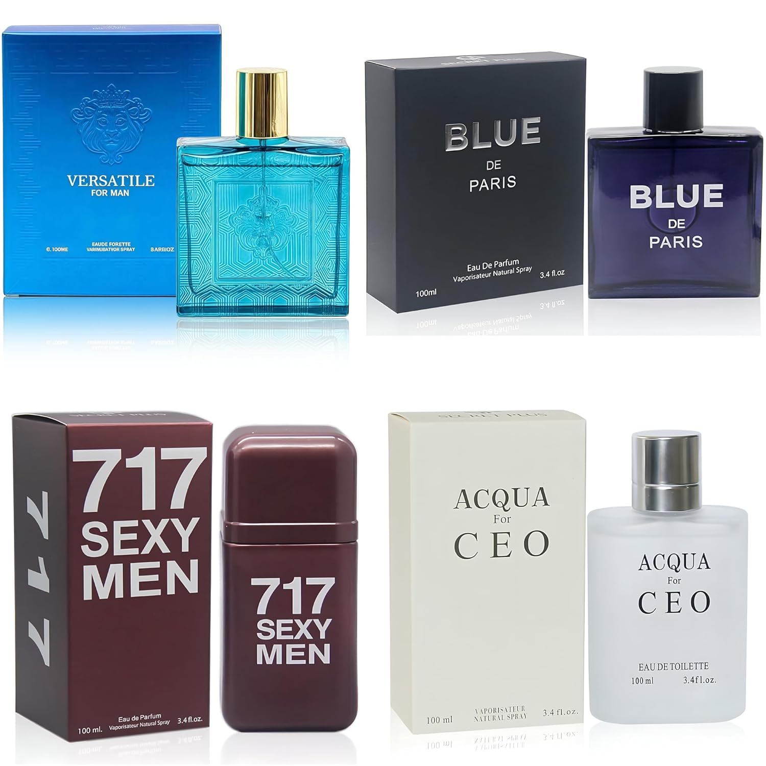 Cologne for Men Set 4 Combo Sets(717SexyM/BlueD Paris/AQUA CEO/Versatile) Eau De Parfume/Toilette Natural Spray Each 100ML Men Perfume Long Lasting Fragrance for Daily Use
