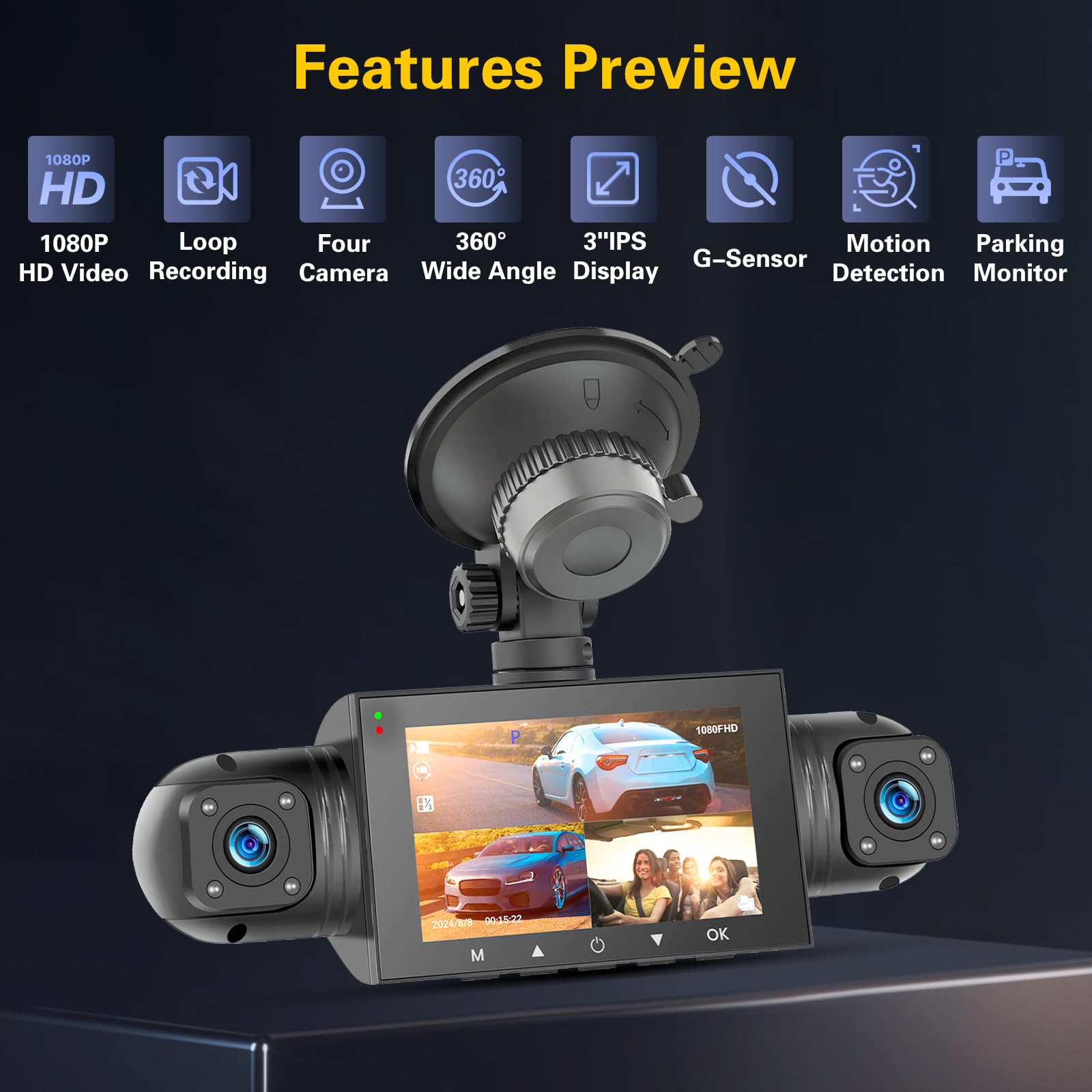 Hikity Dashcam 3" 2K à 4 Canaux Carte TF 64G, Contrôle Via L