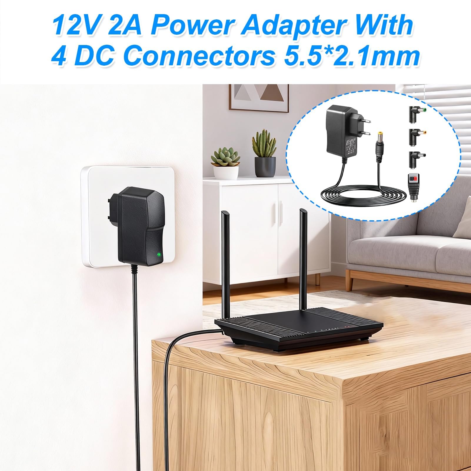 12V 2A 24W Transformador Fuente de Alimentación Universal 5,5x2,1 mm con 4 Enchufes 5,5x2,5mm, 4,0x1,7mm, 3,5x1,35mm y Conector LED, AC Cargador Alimentador Cable 2m para Router, Cámaras, Tiras LED — view 2