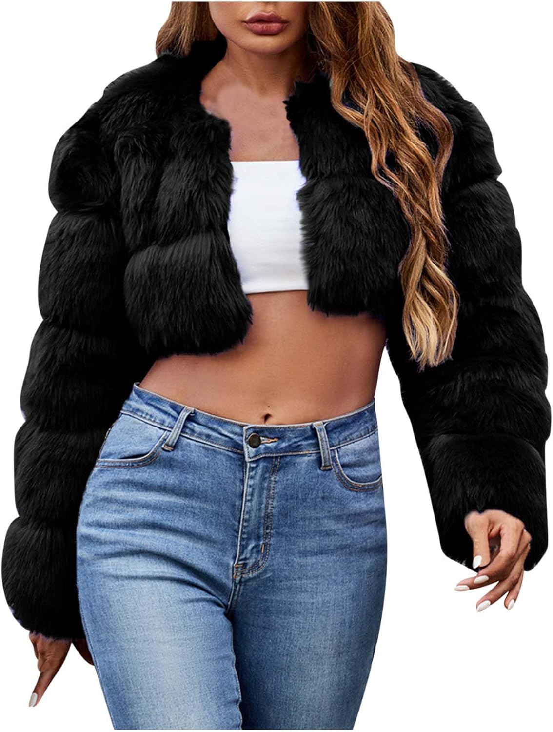 Women’s Faux Fur Jacket Cropped Fluffy Coat Warm Winter Long Sleeve Outerwear Fashion Casual Open Front Cardigan