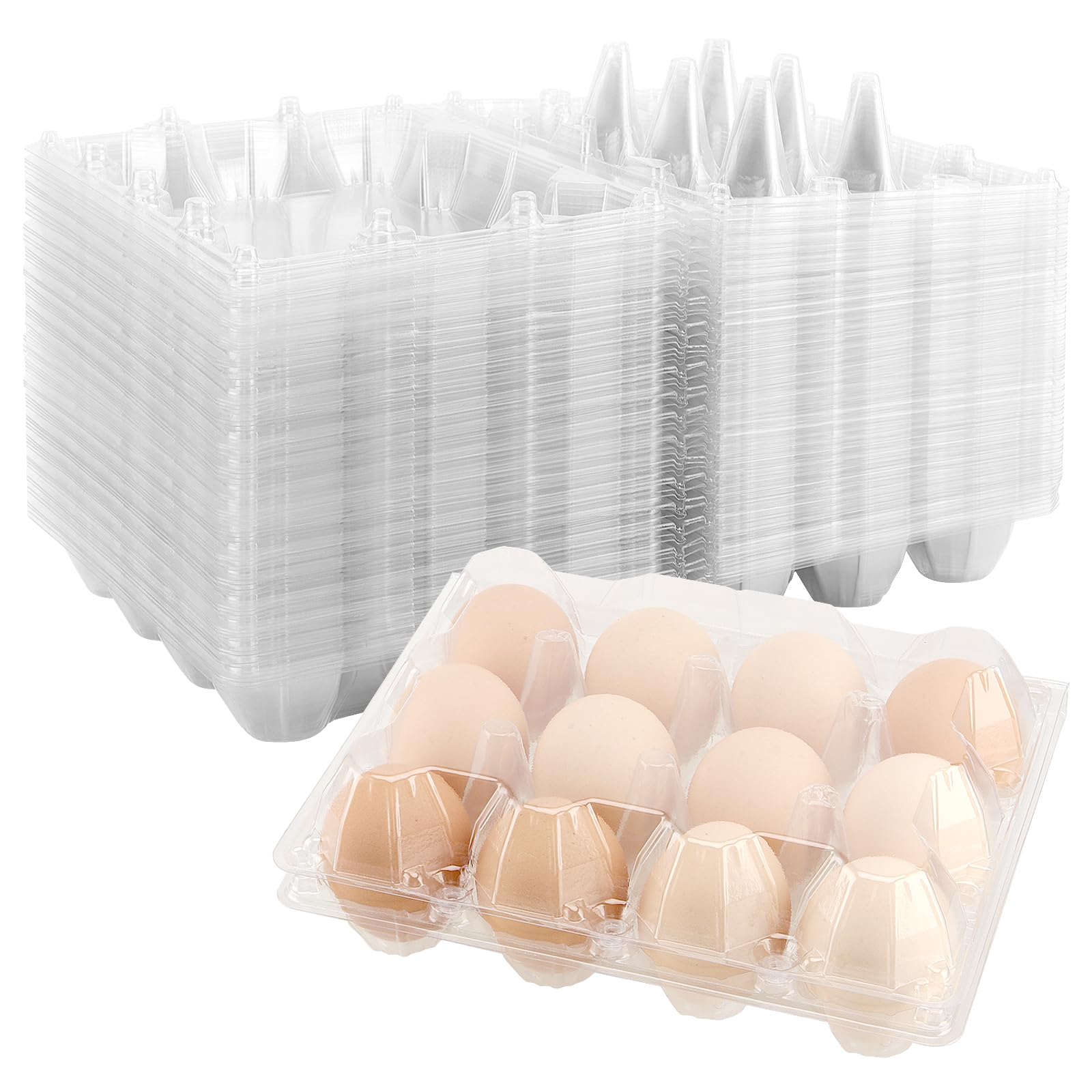 FUNSUEI 100 Piezas de Cajas de Huevos de Plástico Transparentes con 12 Unidades, Bandejas Blancas para Almacenamiento de Huevos, 19,3 x 14,6 x 6,2 cm