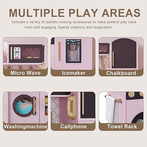 Miniatura 6 de Treocho Juego de cocina para niños, juego de cocina de madera para niños pequeños con almacenamiento, cocina de juguete de diseño moderno con grifo