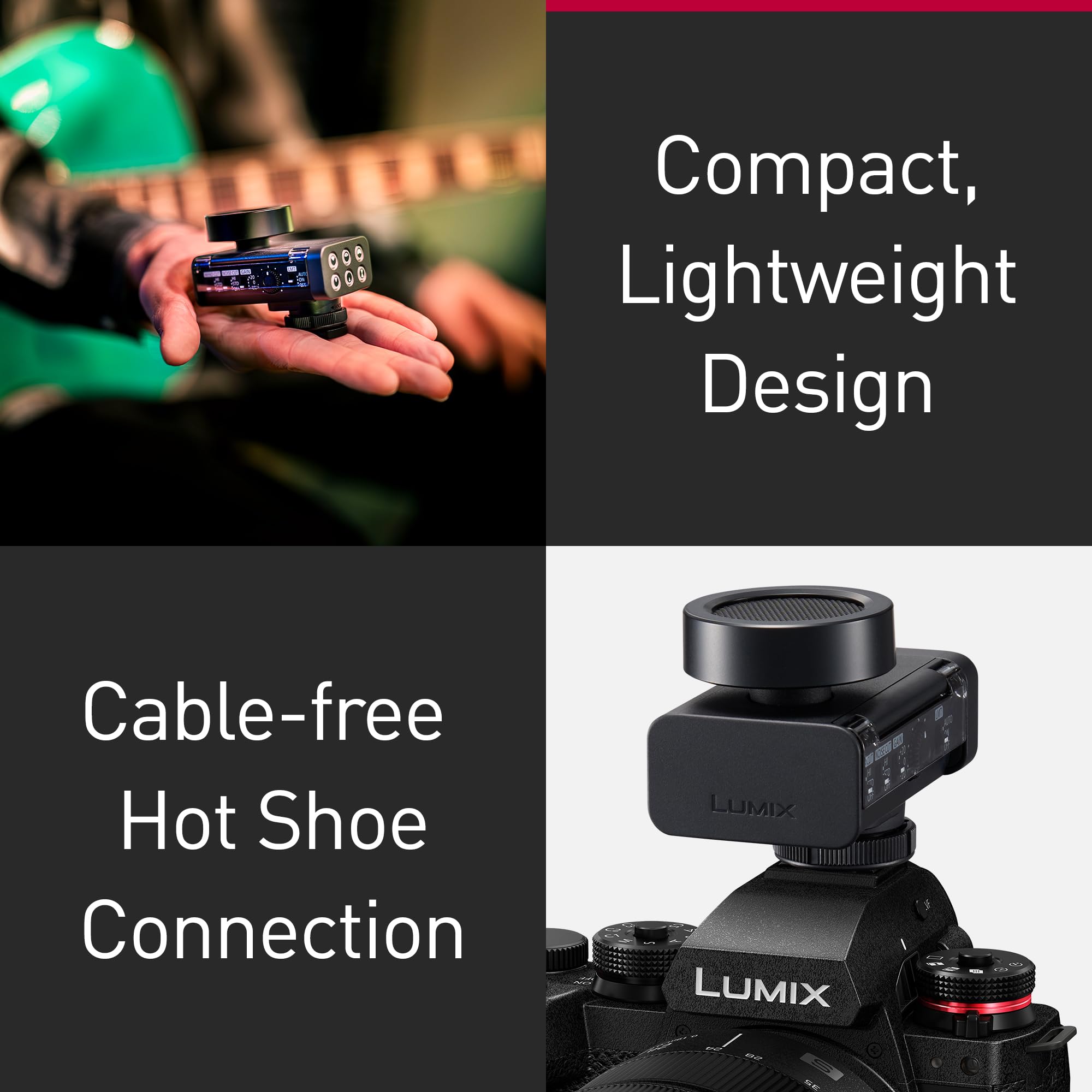 Panasonic Lumix DMS1 microfono digitale shotgun, 32 bit float, audio a 4 canali, 6 modalità direzionali, wireless, riduzione di vento e distorsioni, con custodia smart