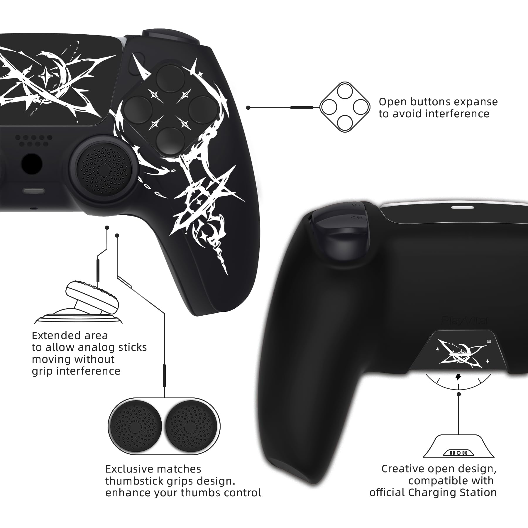 PlayVital Funda de Silicona para ps5 Mando - Cubierta Protectora Antideslizante y Suave con 6 Tapas para Pulgar, Grip Mejorado, Compatible con Base de Carga (Pure Series-Grieta Energía) — view 3