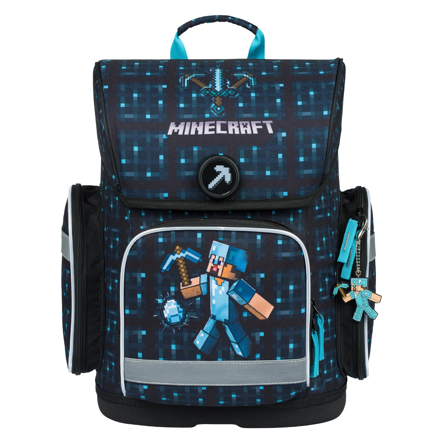 Baagl Schulranzen Jungen Mädchen für 1. Klasse, Ergo Schultasche Grundschule, Leichter Kinder Ranzen Tornister Schulrucksack mit Brustgurt (Minecraft Blue Axe)