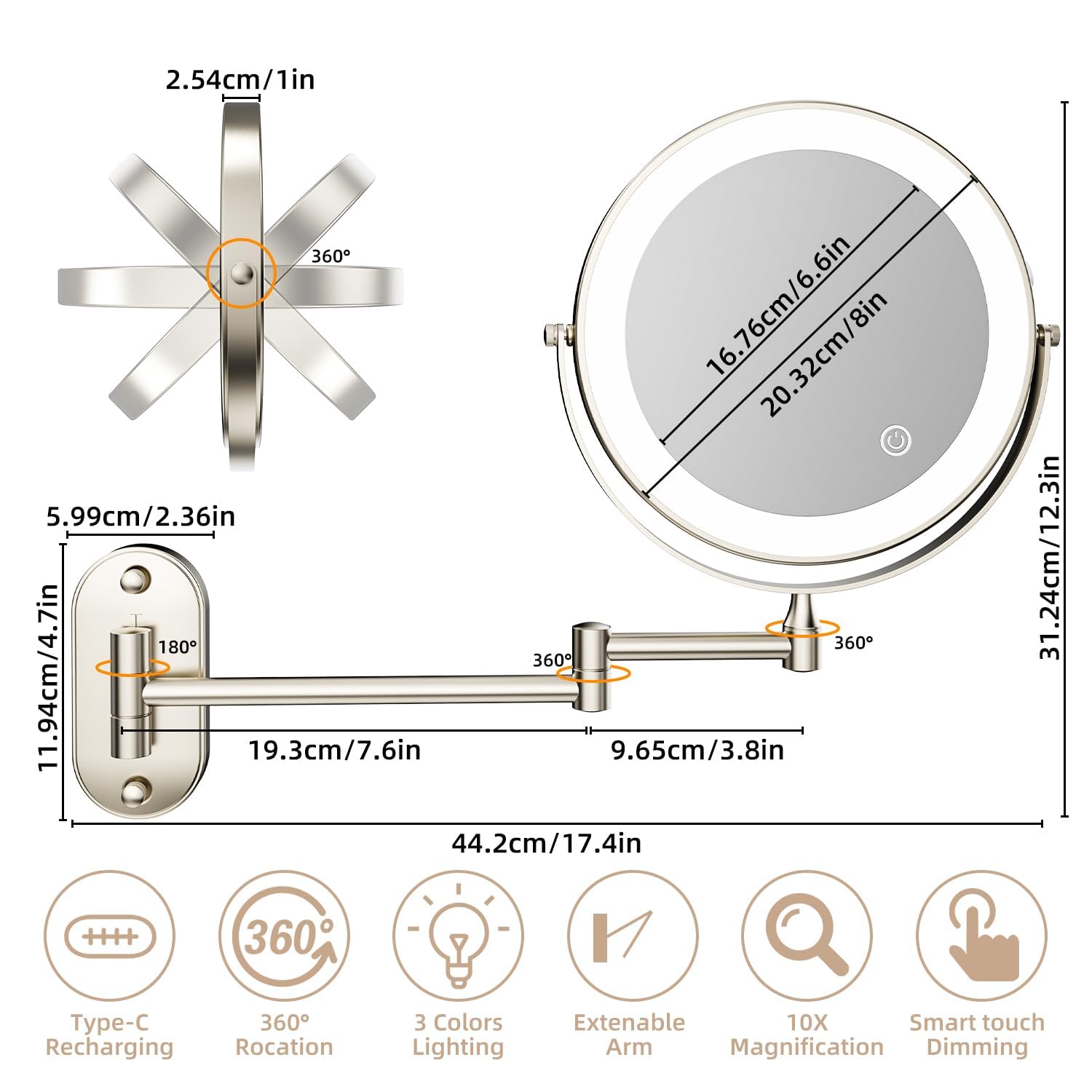 JutyumSpecchio cosmetico con ingrandimento 1X/10X, illuminazione a LED e montaggio a parete