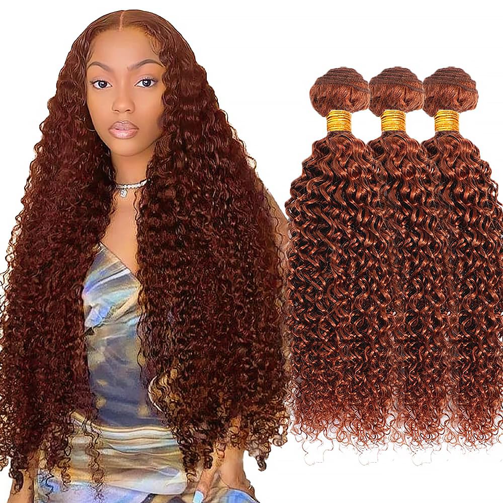 Photo 1 of #33 Auburn Curly Human Hair Bundles 30 32 34 Inch Reddish Brown Bundles Human Hair Unprocessed Native Virgin Hair 100/PC 3 Extensions Copper Red Color Hair Extensions for Women