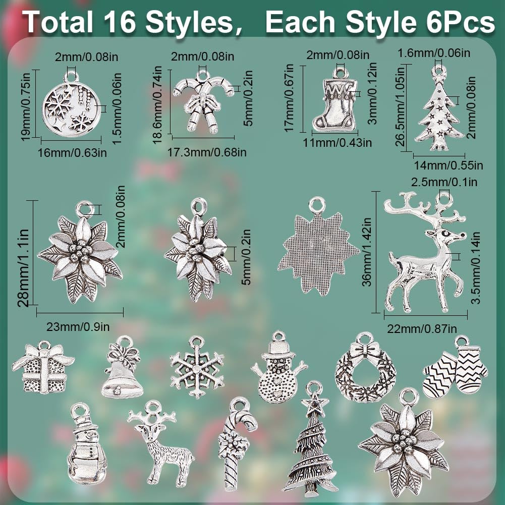 SUNNYCLUE 1boîte 64Pcs 16 Style Charme De Noël En Vrac Argent Charme De