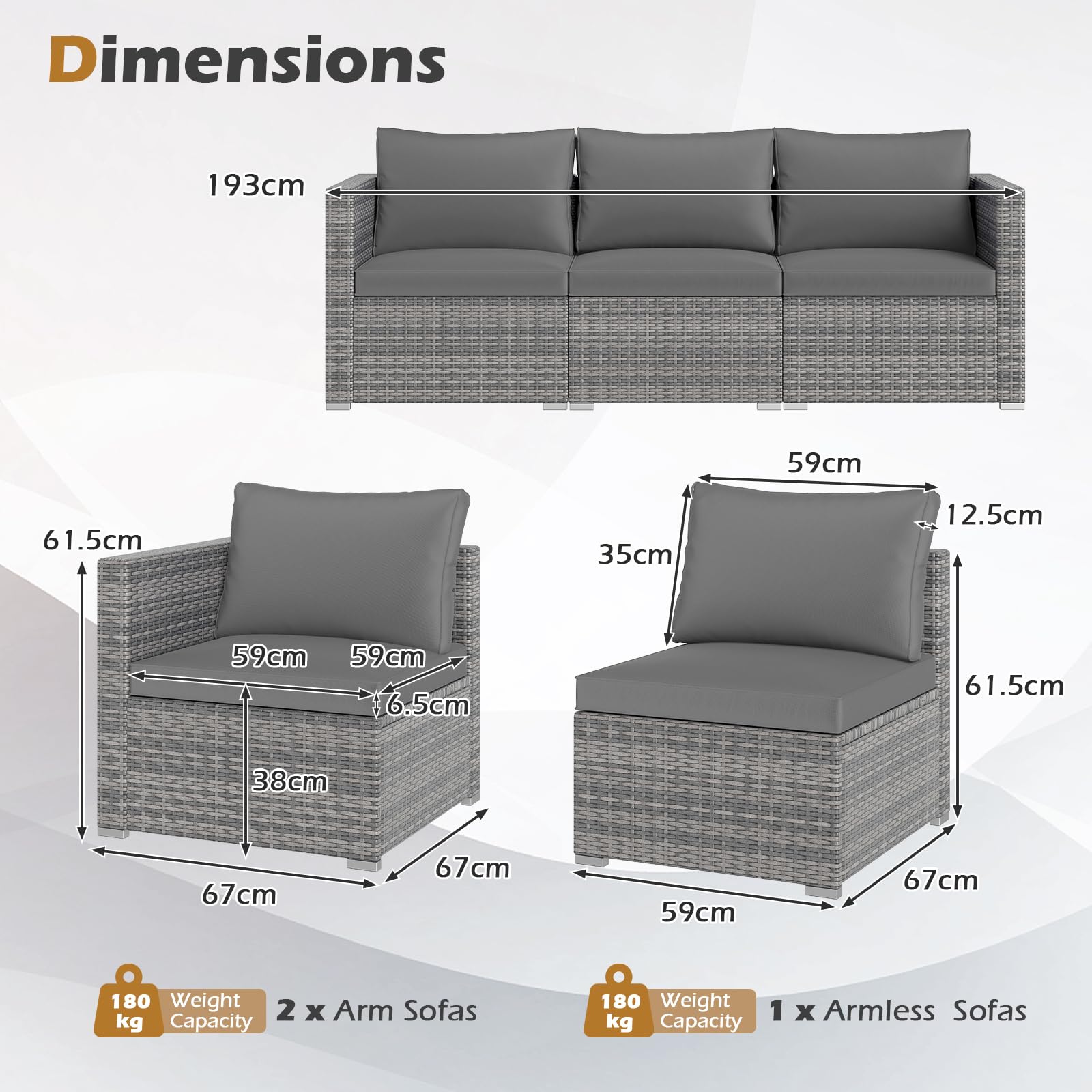 GIANTEX Divano da Giardino a 3 Posti in Rattan con Cuscino Imbottito, Mobili per Terrazza e Balcone, Colore Beige/Grigio, 193 x 67 x 61,5 cm (Grigio)