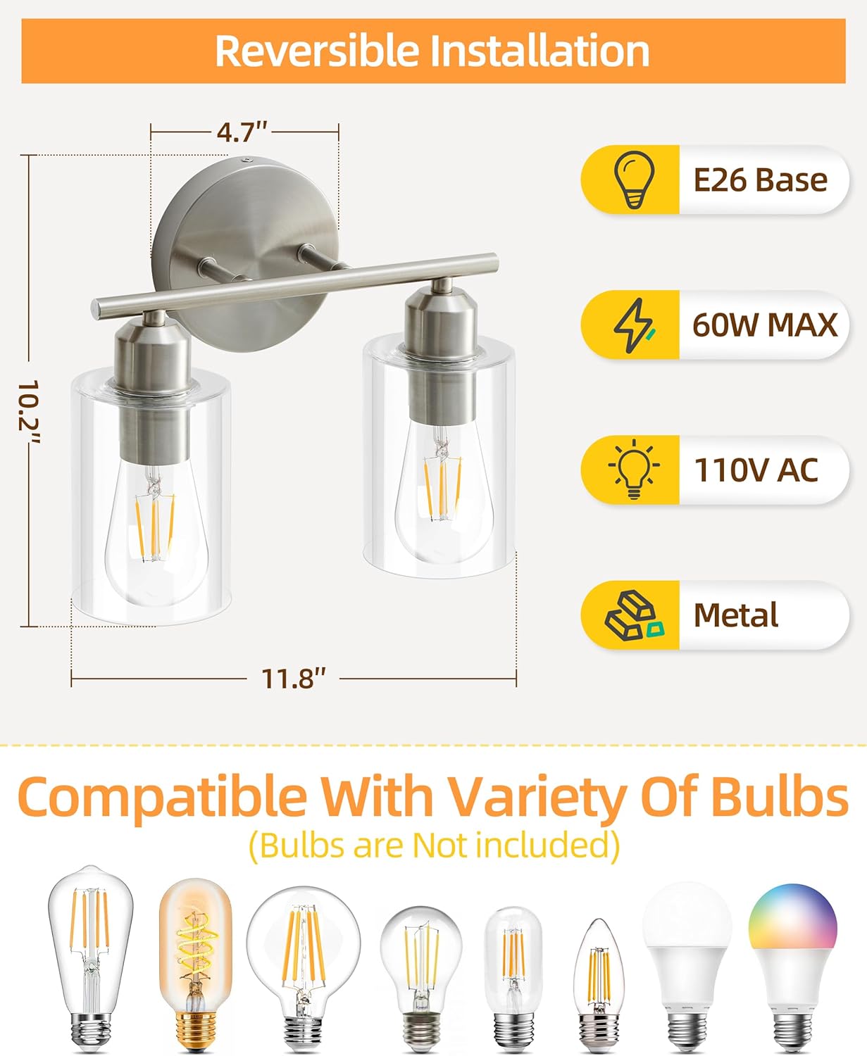 Brushed Nickel 2-Light Vanity Fixture with Clear Glass Shades