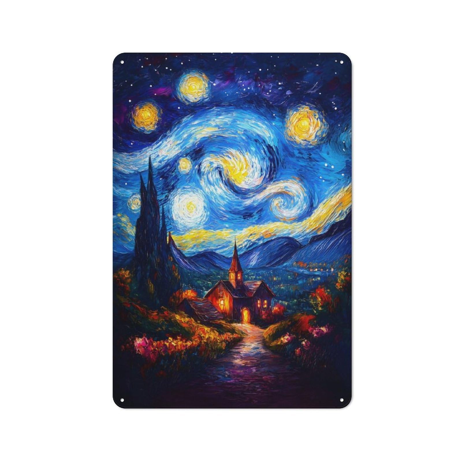 Junmoney Starry Night Village Tin Sign 30X20cm For Café Or Home Bar, Rustic Wall Decor, For Garage, Workshop And Man Cave Decoration