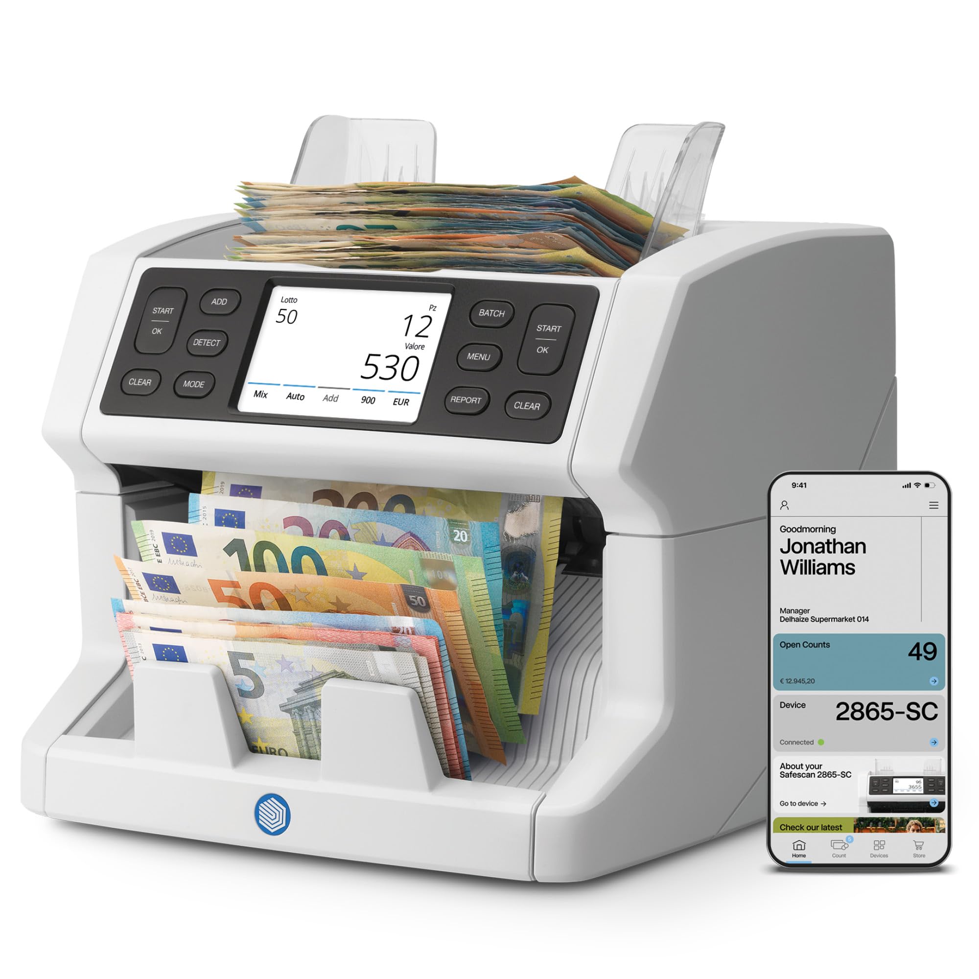 Safescan 2865-SC Contabanconote che conta il valore le banconote miste - Alimentazione continua - Contabanconote con rilevatore di denaro falso a 9 punti - Contasoldi con l'app gratuita Safescan