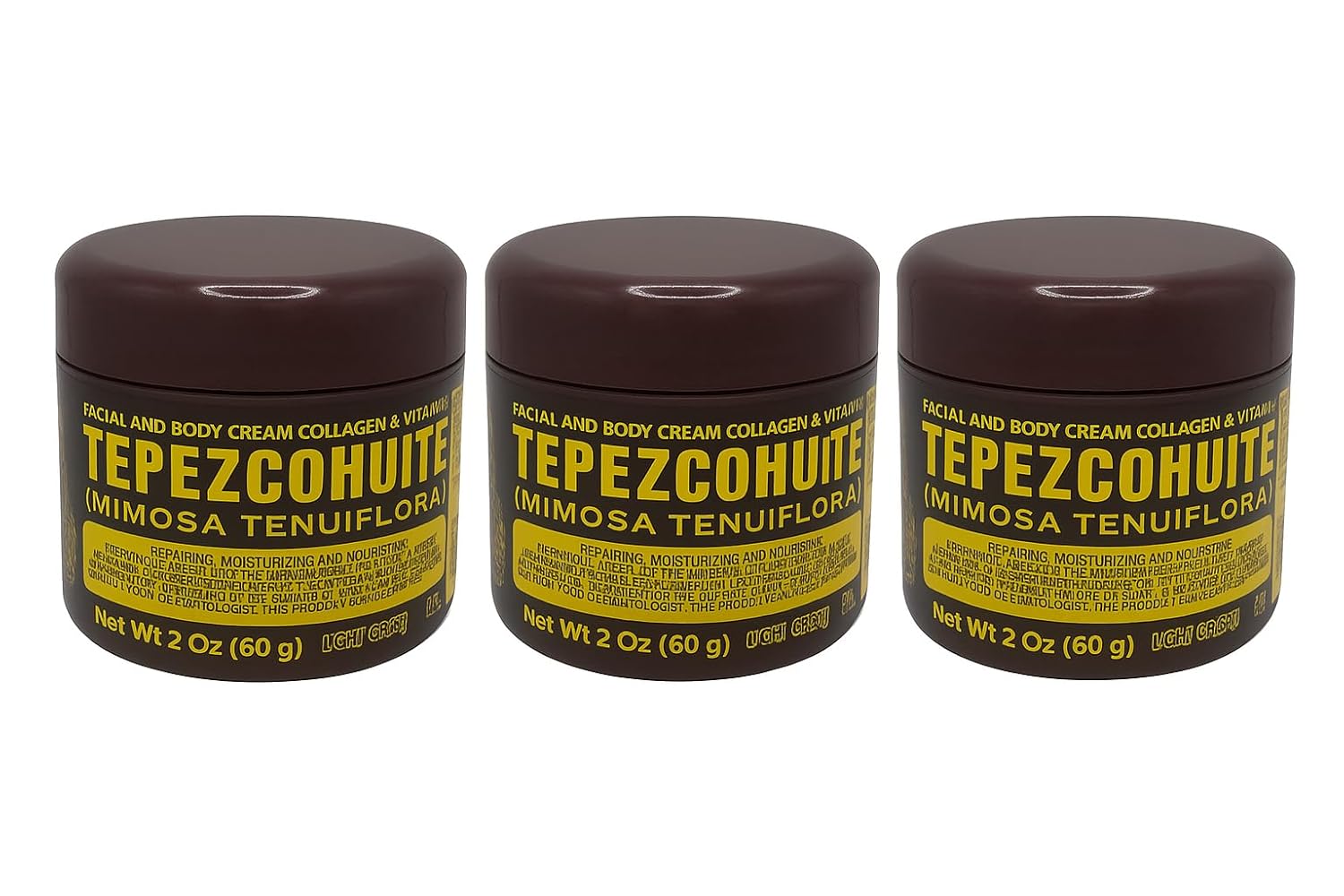 Del Indio Papago Tepezcohuite Night Facial and Body Cream with Collagen and Vitamin E, Light Cream, 2 Oz (60g), 3 Pack
