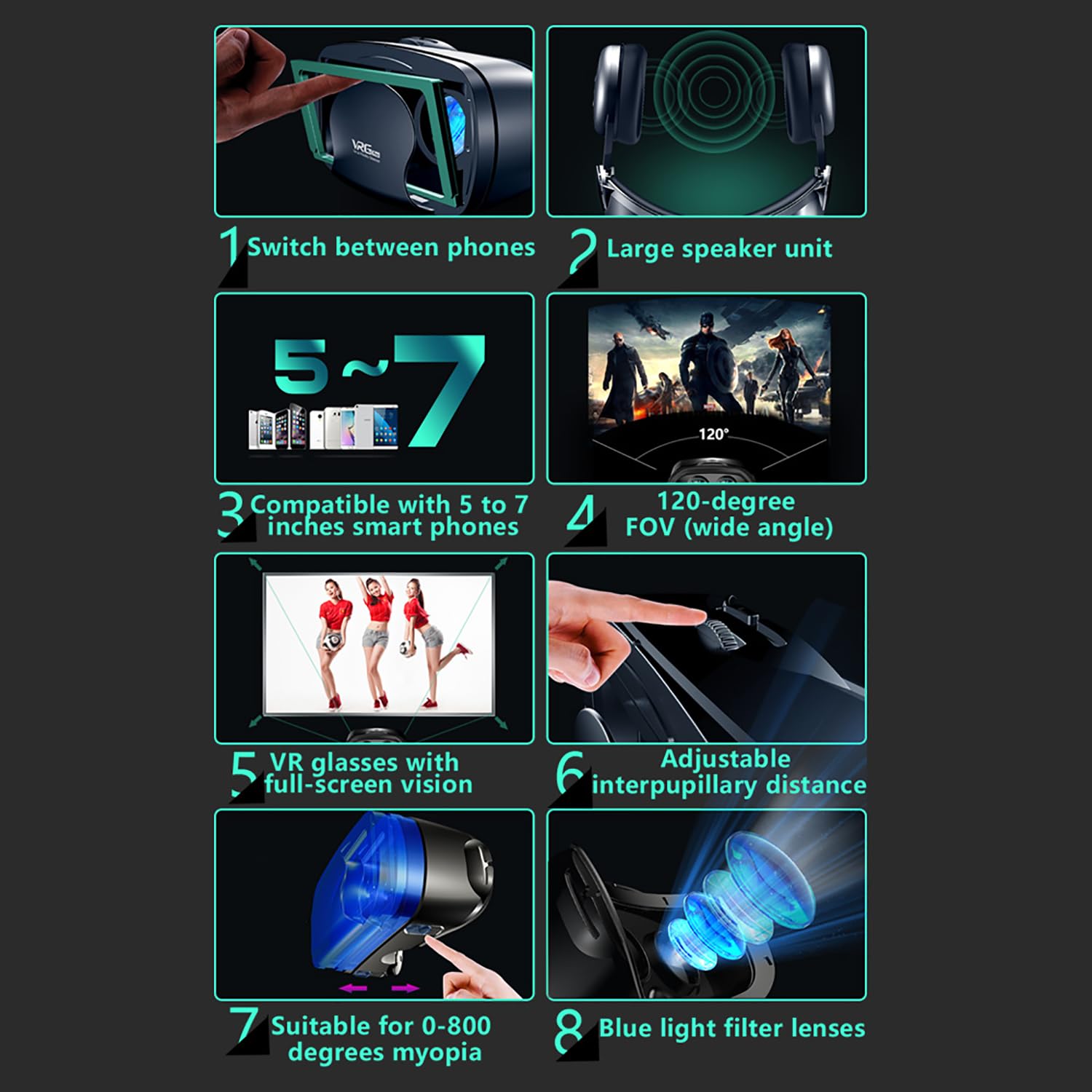Occhiali 3D VR per smartphone con cuffie, cuffie per realtà virtuale, lenti HD anti-luce blu, IPD e messa a fuoco regolabili, compatibili con iPhone e Android (5-7"), cuffie VR per film e giochi (con)