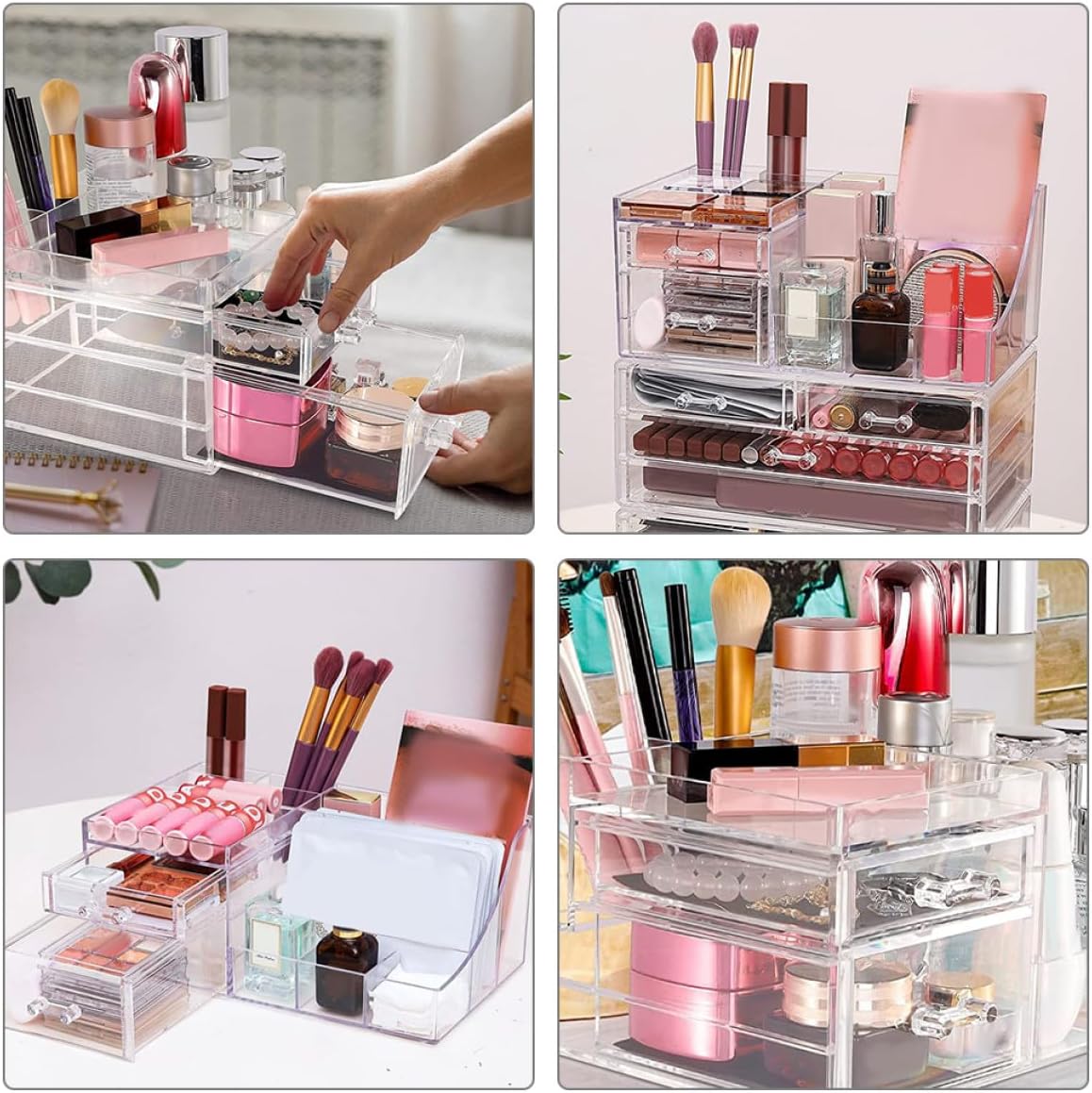 Acrylic Cosmetic Organizer with Drawers, Multi-layer Makeup Brush Holder and Lipstick Storage Rack for Vanity, Skincare and Jewelry Display Case for Bathroom and Dressing Table