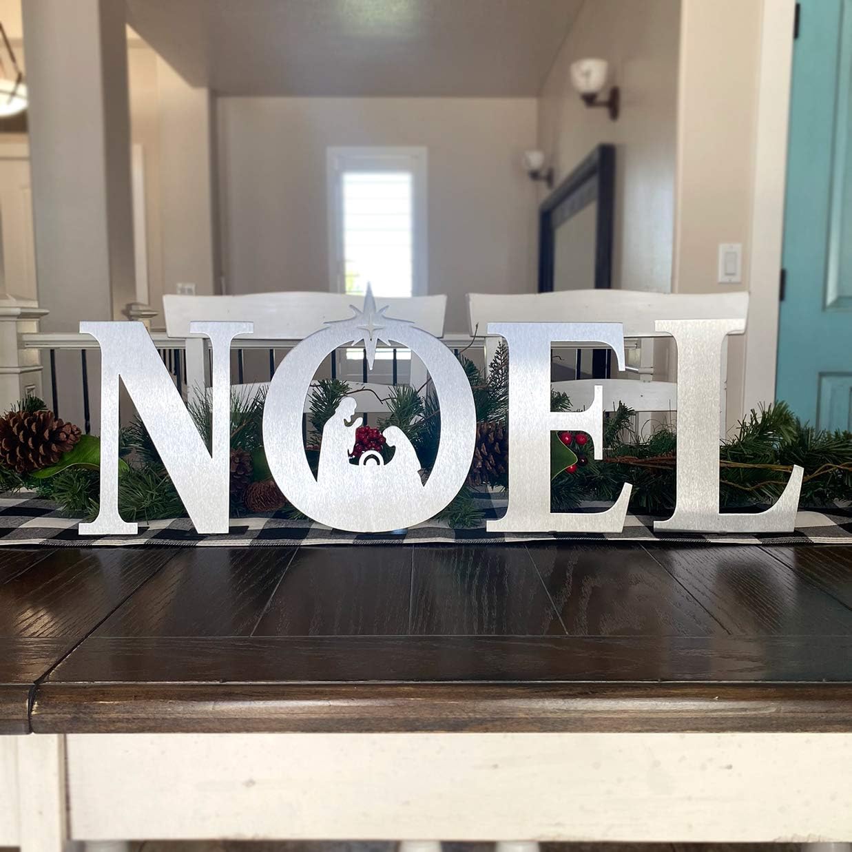 NOEL Nativity Set – 4-Piece Metal Christmas Décor | Standing Bethlehem Nativity Scene with Holy Family Silhouette | Modern Christian Holiday Decoration | Black, Gold, Silver, or White