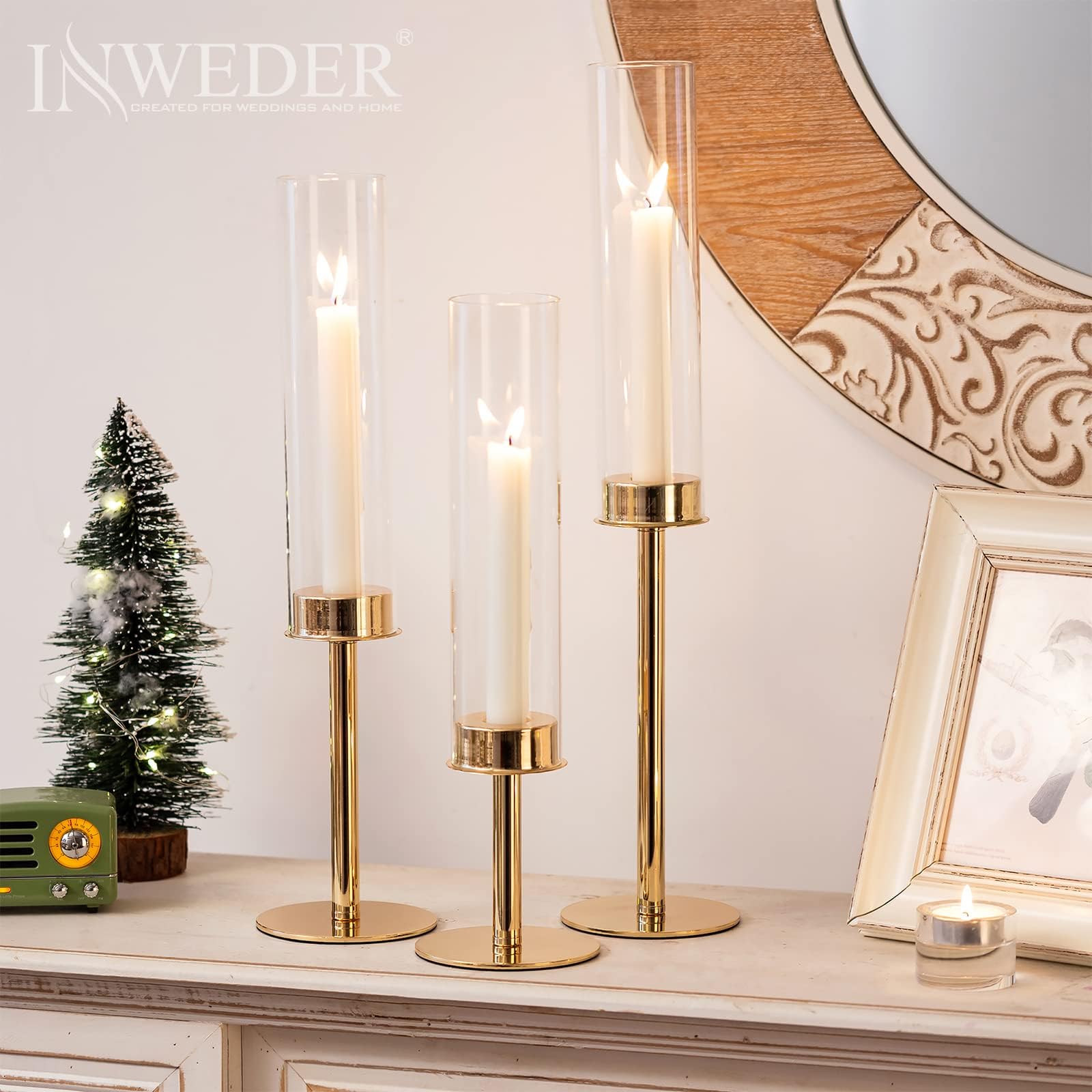 Kerzenständer Stabkerzen Kerzenhalter Gold - Satz von 6 Kerzenhalter Stabkerze mit Abnehmbarem Glas Windlicht Goldene Kerzenständer Kerzen Ständer Hochzeits Tischdeko Wohnzimmer Home Deko