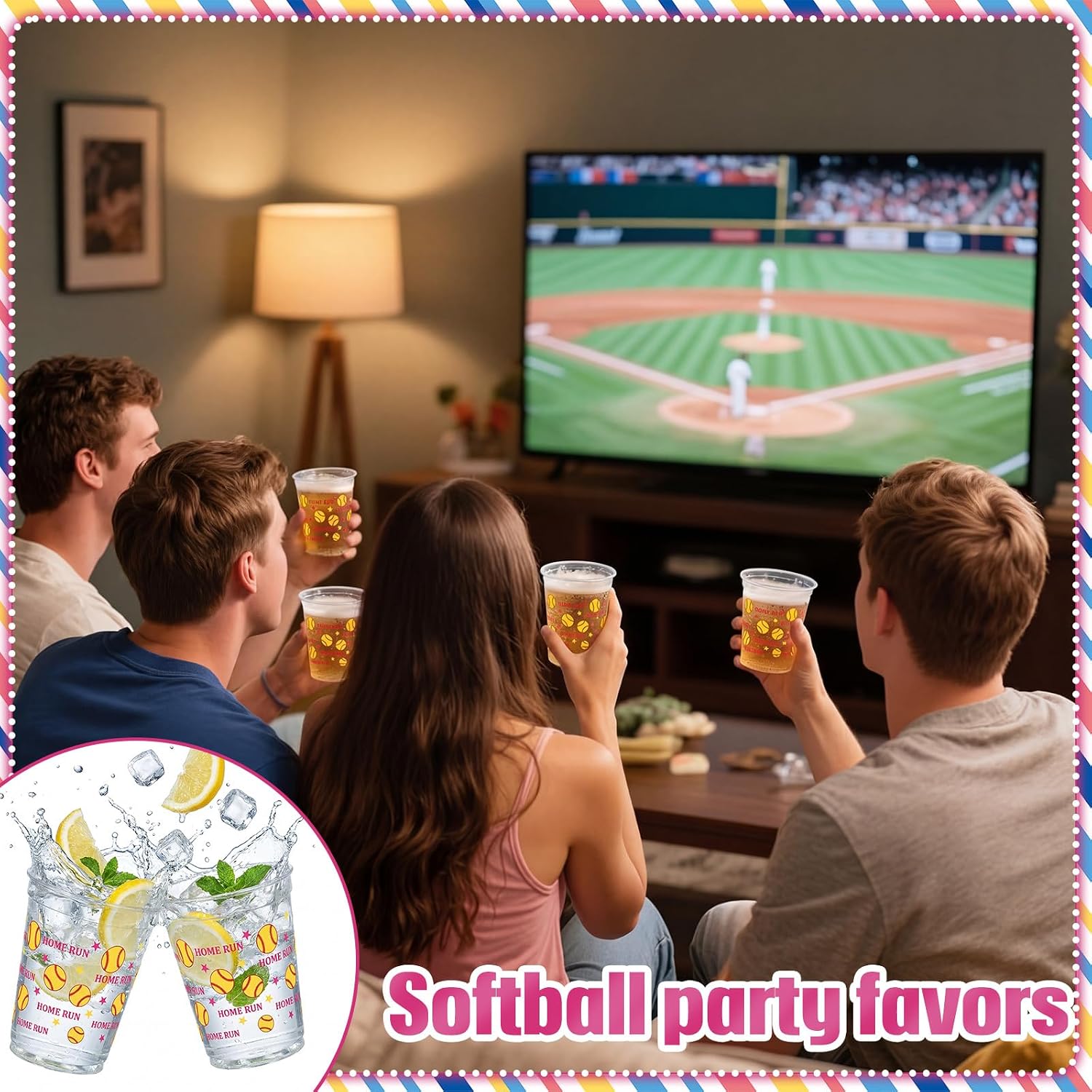 Yungyan 30 Pcs Softball Plastic Cups Bulk 16 oz Clear Reusable Drinking Cups Softball Party Favor Sports Theme Gifts for Fan Friend Birthday Team Supplies Table Decor