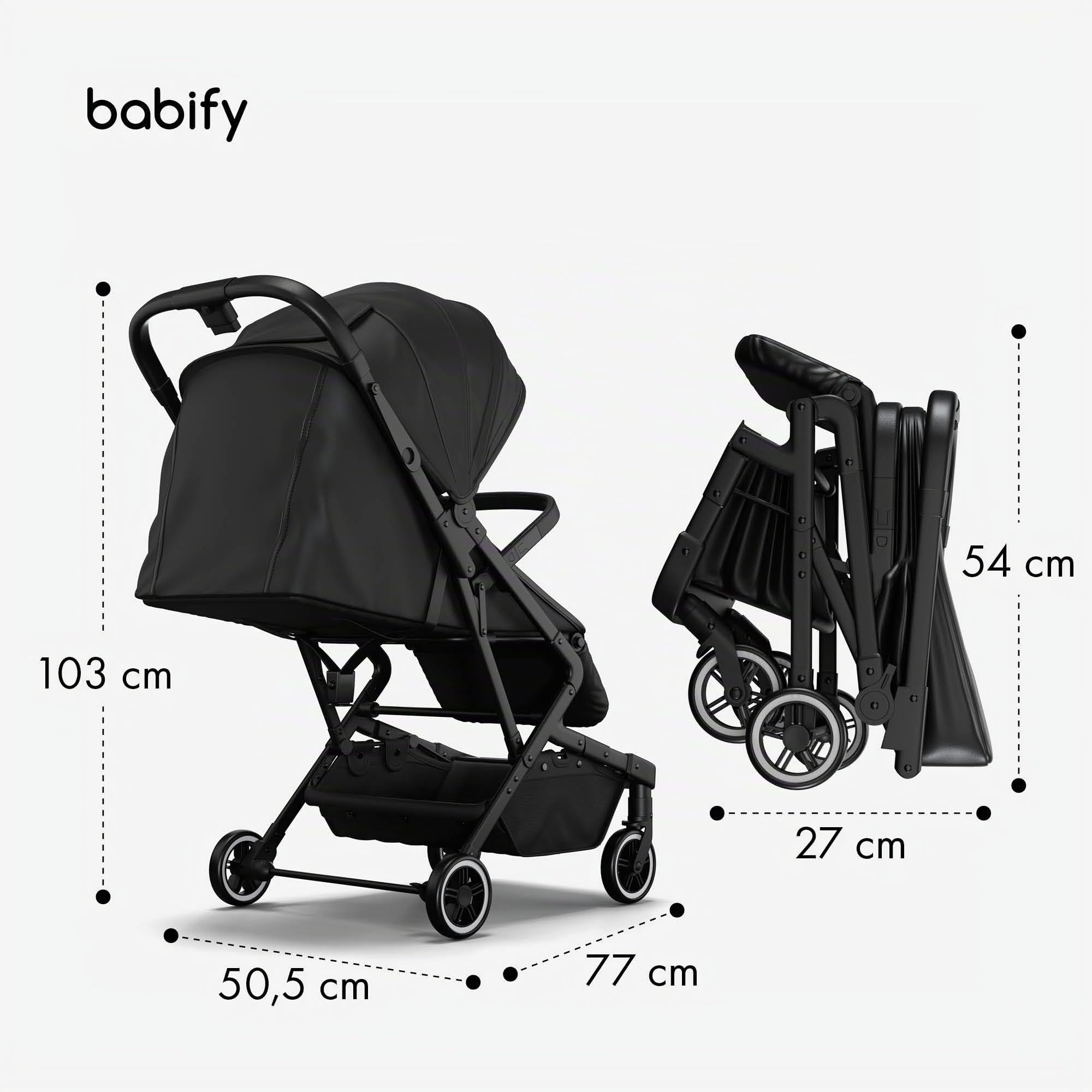 Babify Urban Ease Passeggino Leggero - Da 0 a 4 Anni (22 kg), Ripiegabile con Una Mano, Reclinabile, Poggiapiedi Regolabile, Fodera Rimovibile, Cestino, Tettuccio con Finestra, Nero