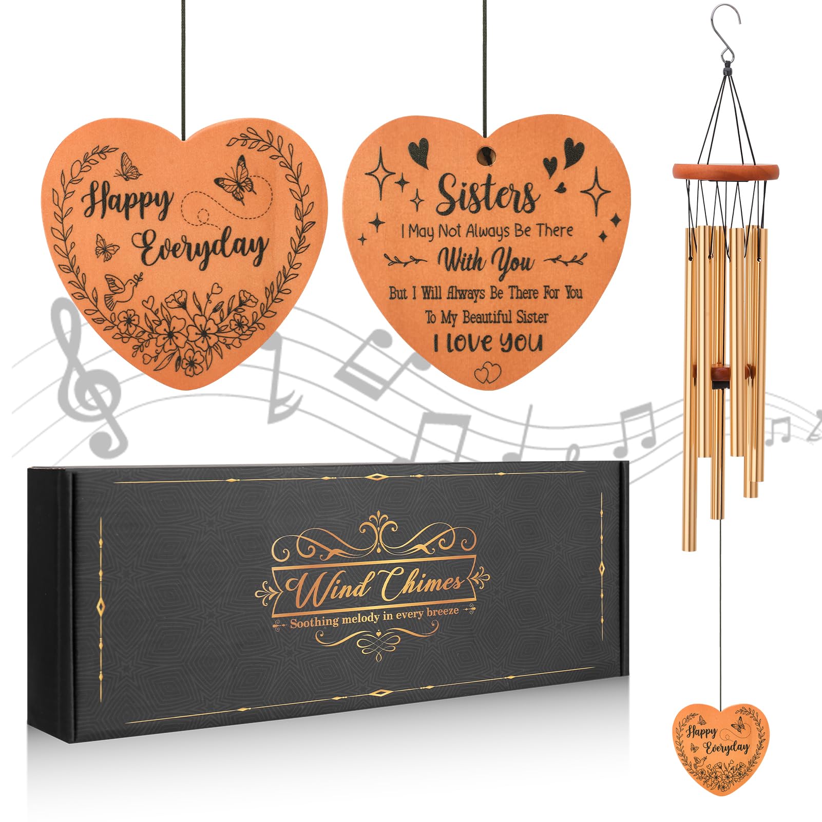 Meng Jiaran Sister Gift Sister Wind Chimes for Birthday Gifts, 25.98" Wooden Windchime Unique Sisterhood Presents, Outdoor Garden Decoration - Printed Happy Everday