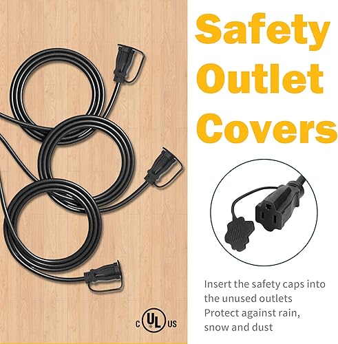Miniatura 4 de Cable de extensión para exteriores con múltiples tomas, 25 pies, cables de extensión negros de 1 a 3 divisores, cable SJTW 163 resistente a la