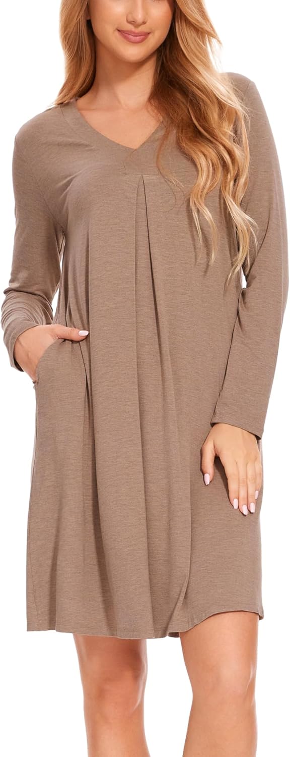 GYS Bamboo Viscose Women's Nightgowns Long Sleeve V-neck Sleepwear with Pockets - Image 2