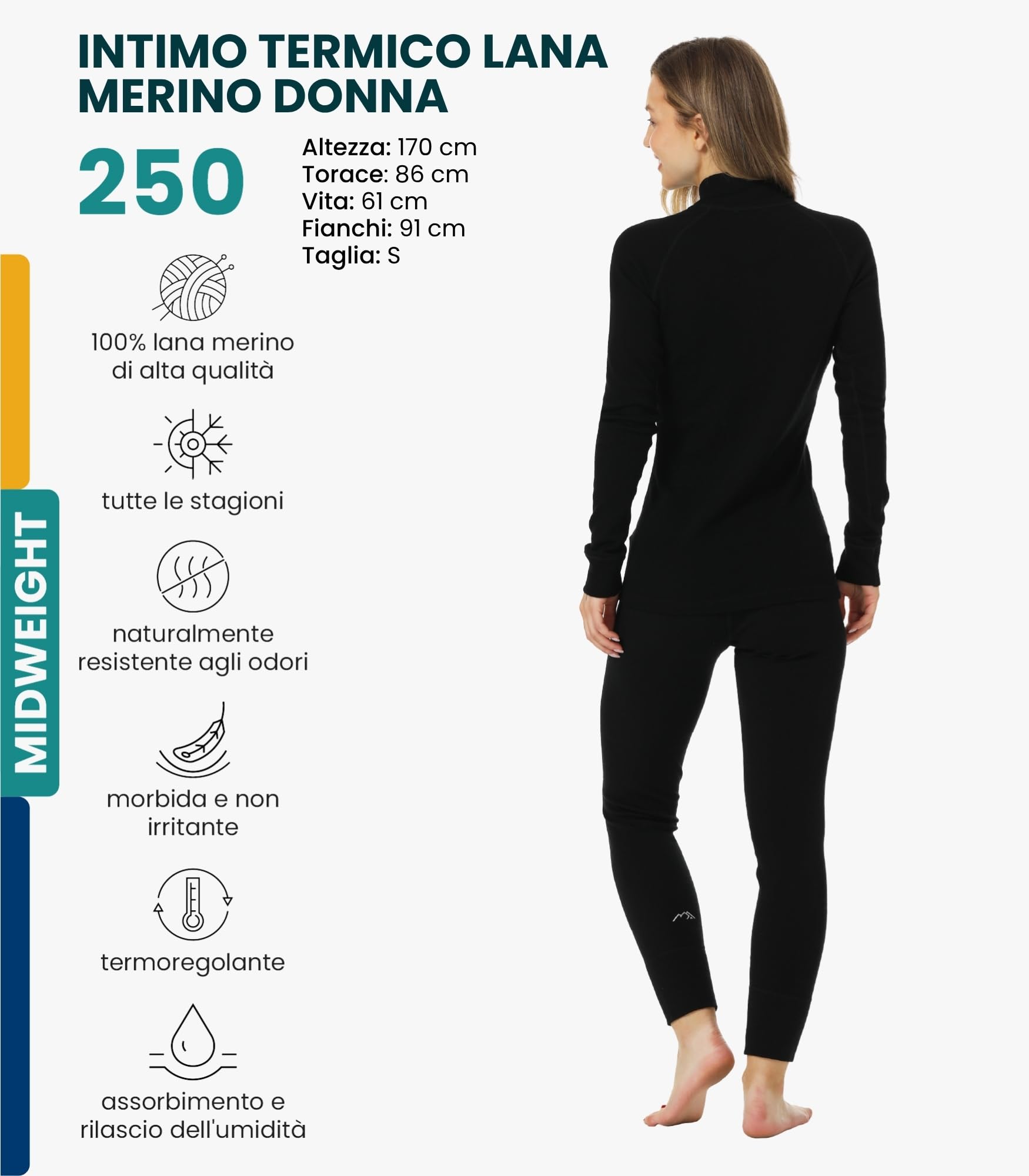 Merino.tech Completo Lana Donna Merinos - Intimo Termico Merino Maglia e Pantalone con Calzini Leggero, Medio, Pesante