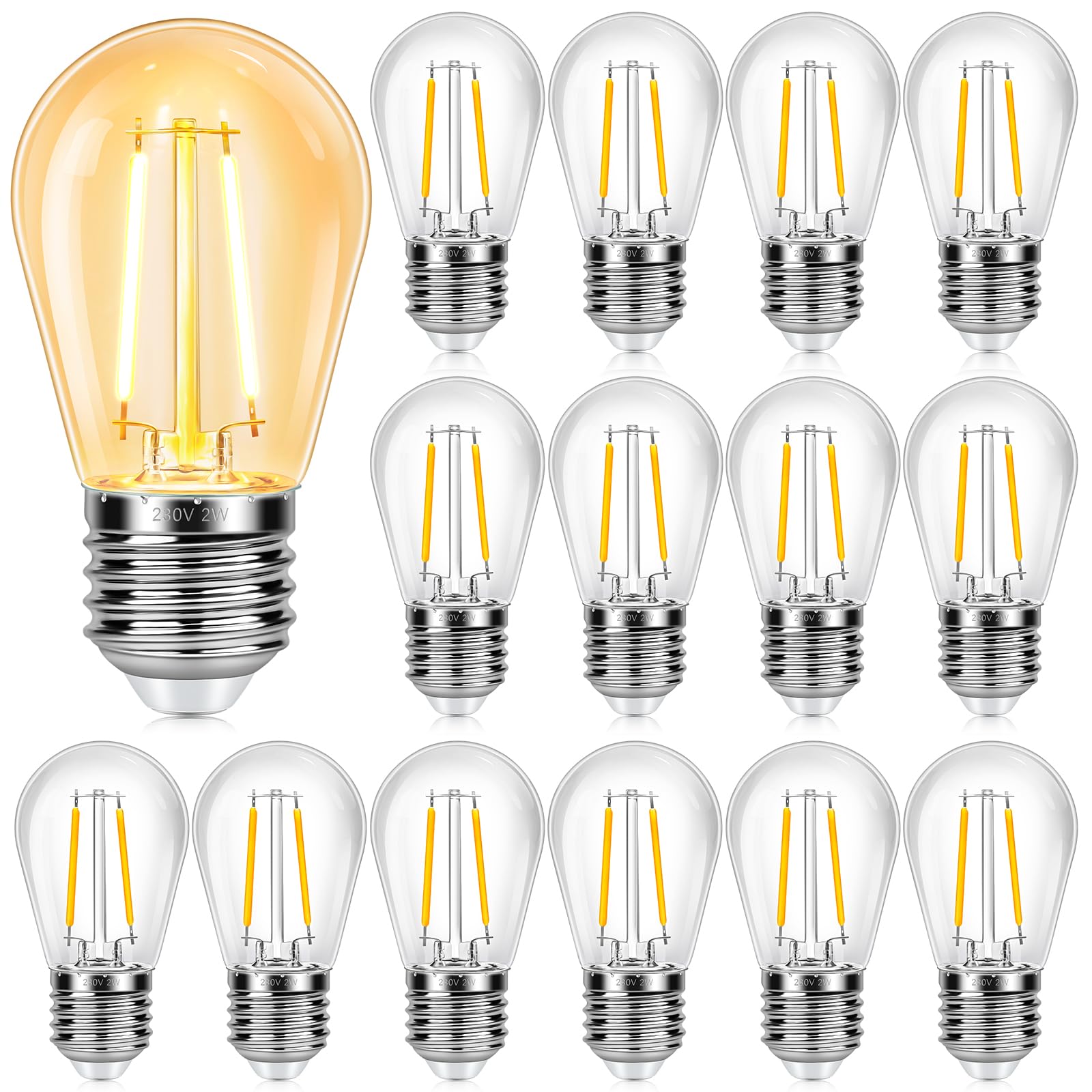 Caldarax 15 Stück S14 E27 2W LED Glühbirnen, Ersatz 20W Glühbirnen Außen, 2700K Warmweiß, AC220-240V, S14 Klar Birnen, Nicht Dimmbar, Ersatzbirne für Innen Außen-Lichterketten, Camping, Garten, Party
