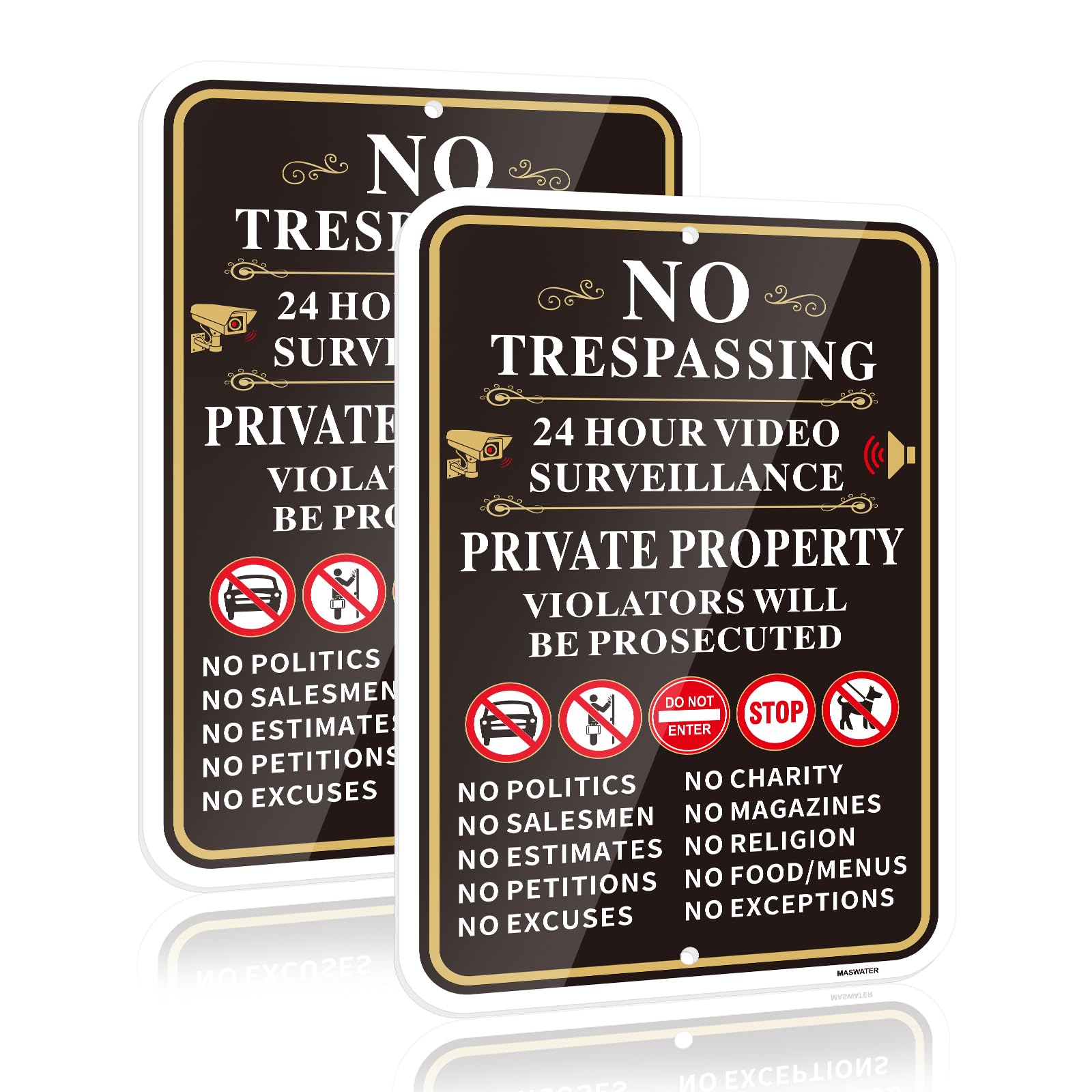 2 Pcs Large Private Property No Trespassing Signs, 12"X18" Black 24 Hour Video Surveillance Sign, Aluminum Metal No Politics/Salesmen/Estimates/