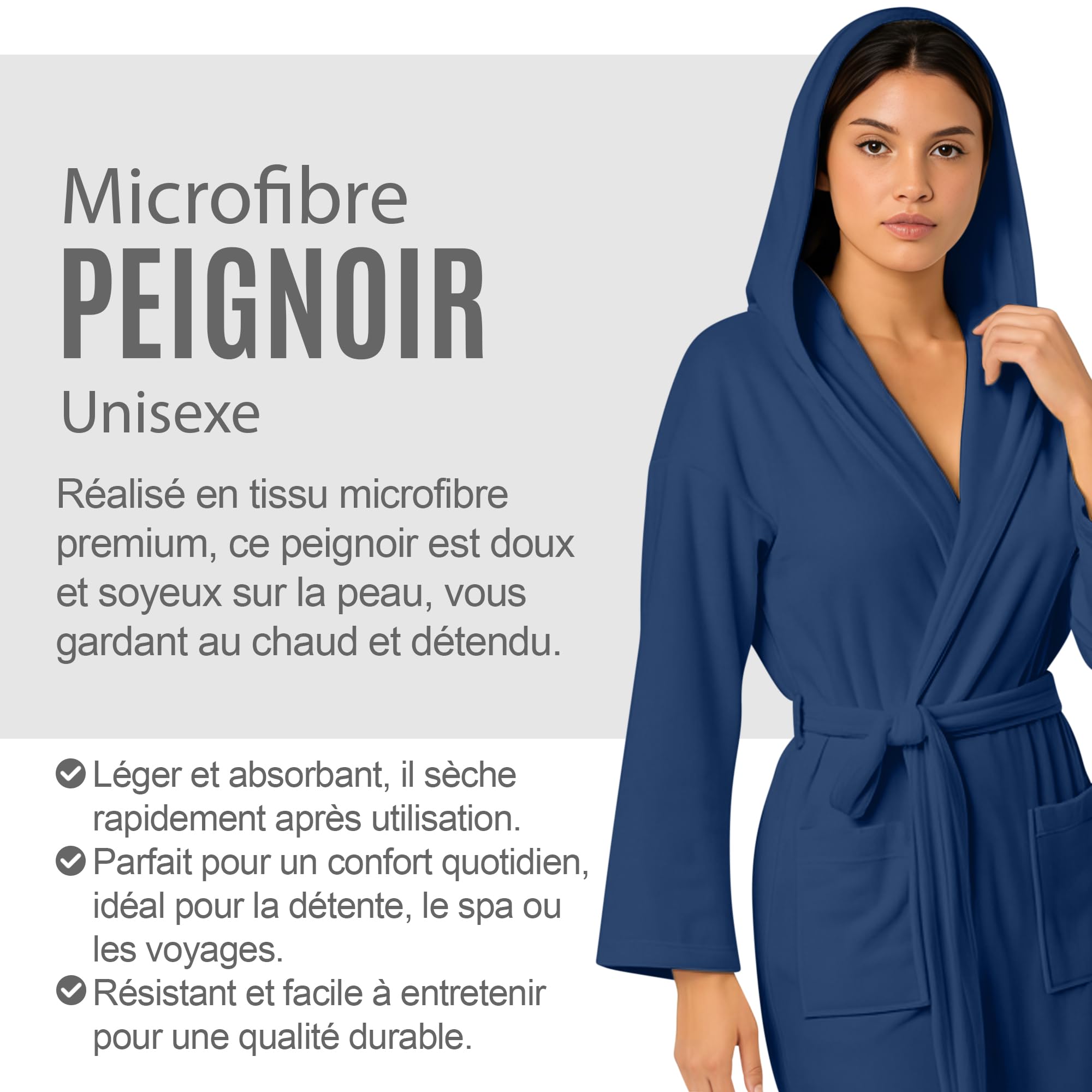 NARCISO Peignoir de Bain Femme Homme Microfibre avec Poches, Capuche et Ceinture, Peignoirs Homme Femme Idéal pour la Maison, les Voyages, la Salle de Sport, Séchage Rapide, Tailles S à XXL