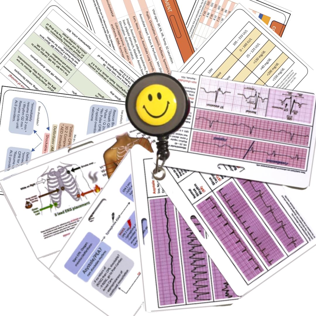 12 pcs EMT Badge Card, EMS Reference Pocket Card - CPR, ACLS, BLS, Code Blue, EKG, V/S, PED V/S, Stroke, Neuro/Glows coma,Assessment (Free PDF Cheat Sheet)