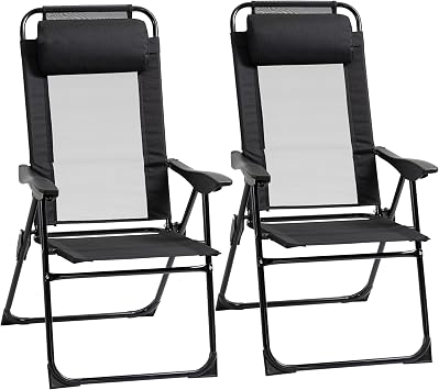 Outsunny Set of 2 Portable Folding Recliner Metal Outdoor Patio Chaise Lounge Chairs with Adjustable Backrest, Black