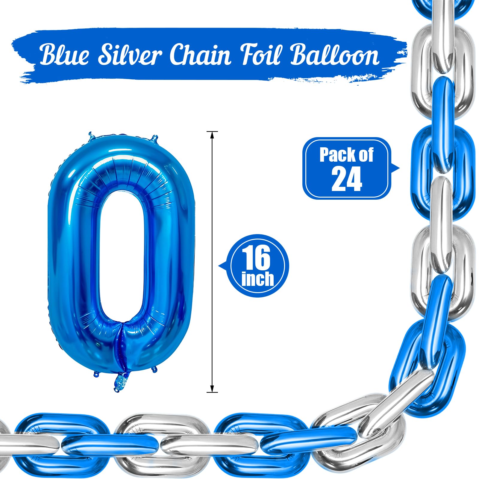 Blue Silver Chain Balloons, 24PCS Giant Chain Foil Balloons Garland for 80s 90s Hip Hop Party Decorations - Image 2
