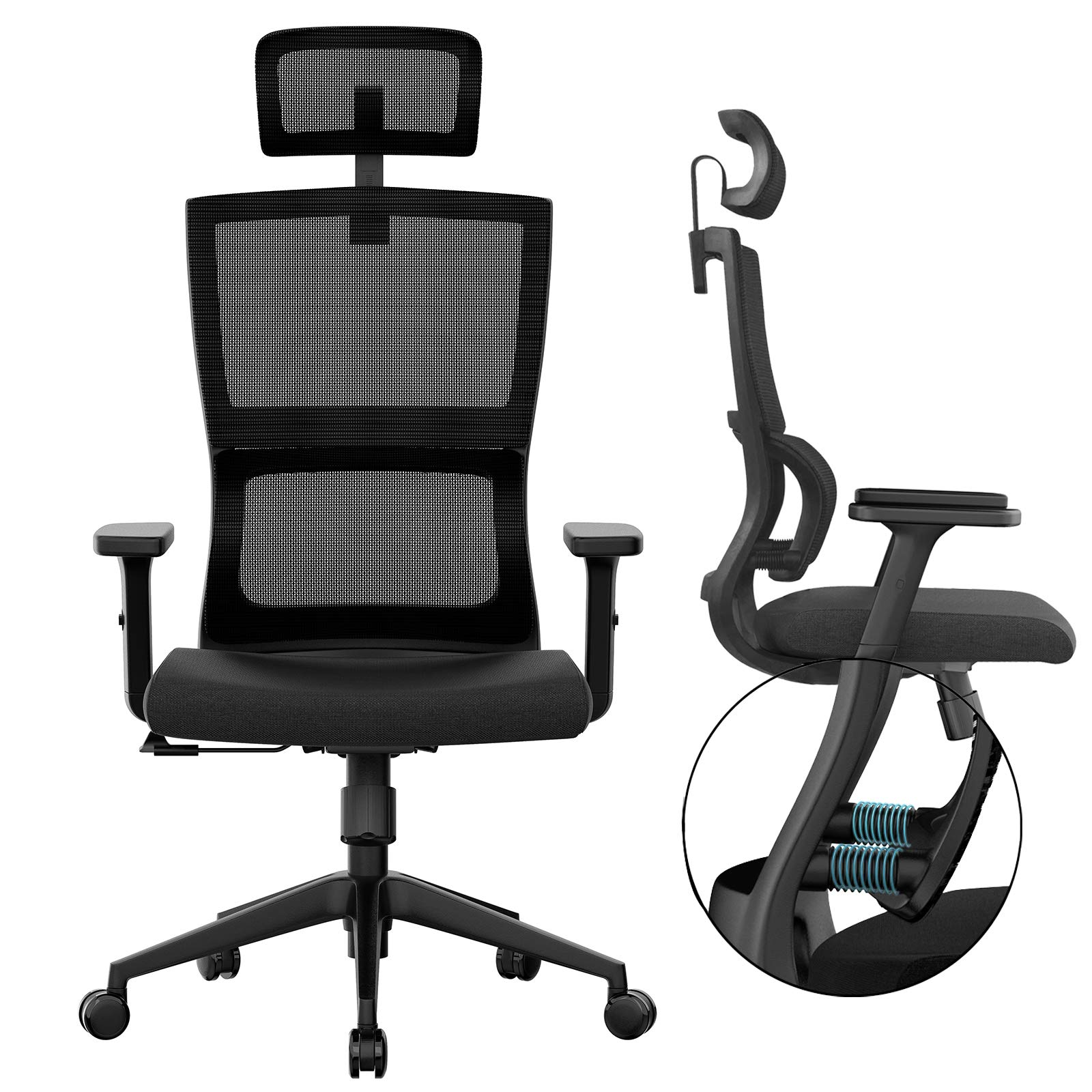 DK177 Upgraded Lumbar Support and Adjustable Armrest Headrest, Mesh High Back, Home Office Desk, Computer, Rolling Chair, 1