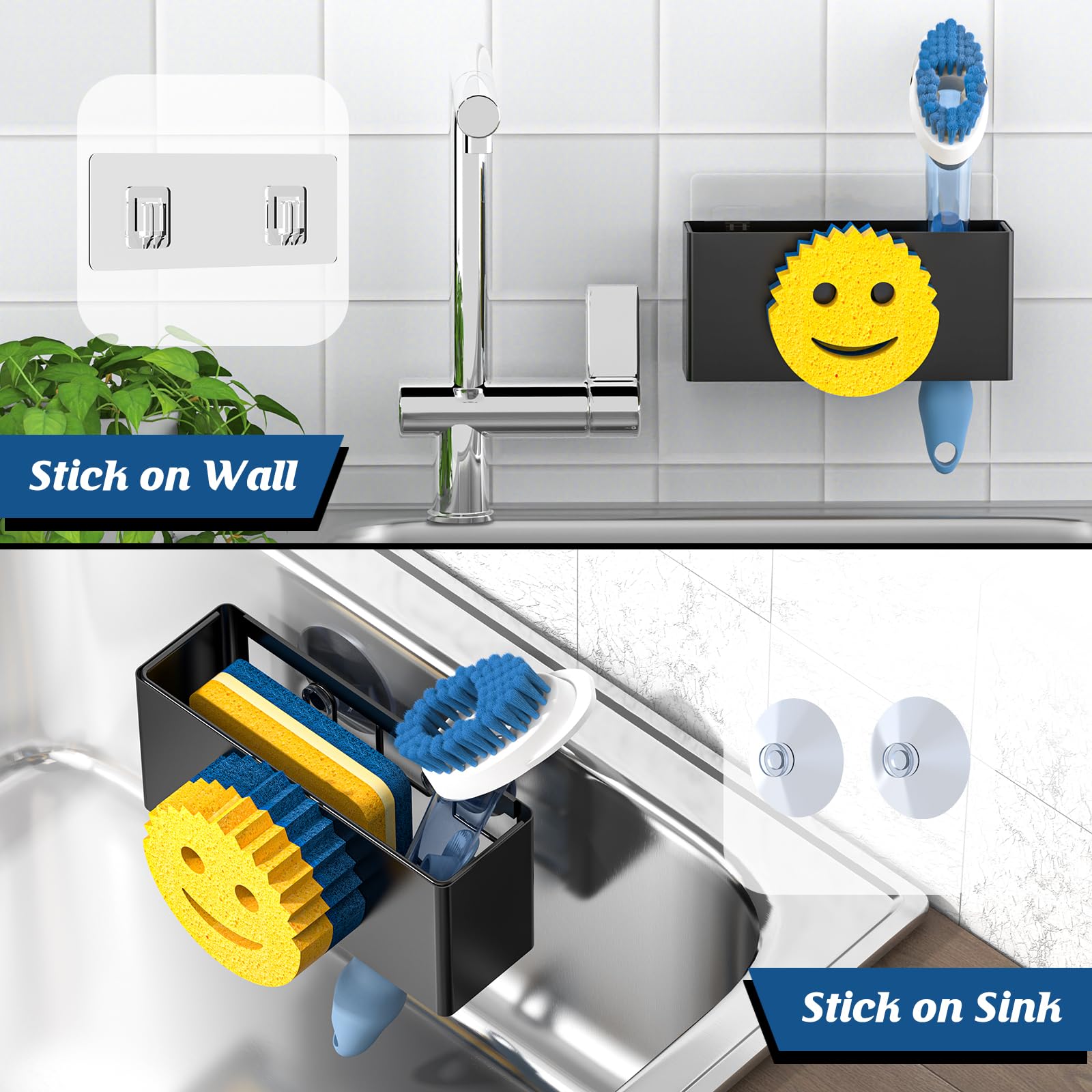 Schwammhalter Für Spüle Mit Smiley-Gesicht – Selbstentleerend, Aus Edelstahl, Mit Abnehmbarem Bürstenhalter, 23,9x10,2x16,3 Cm