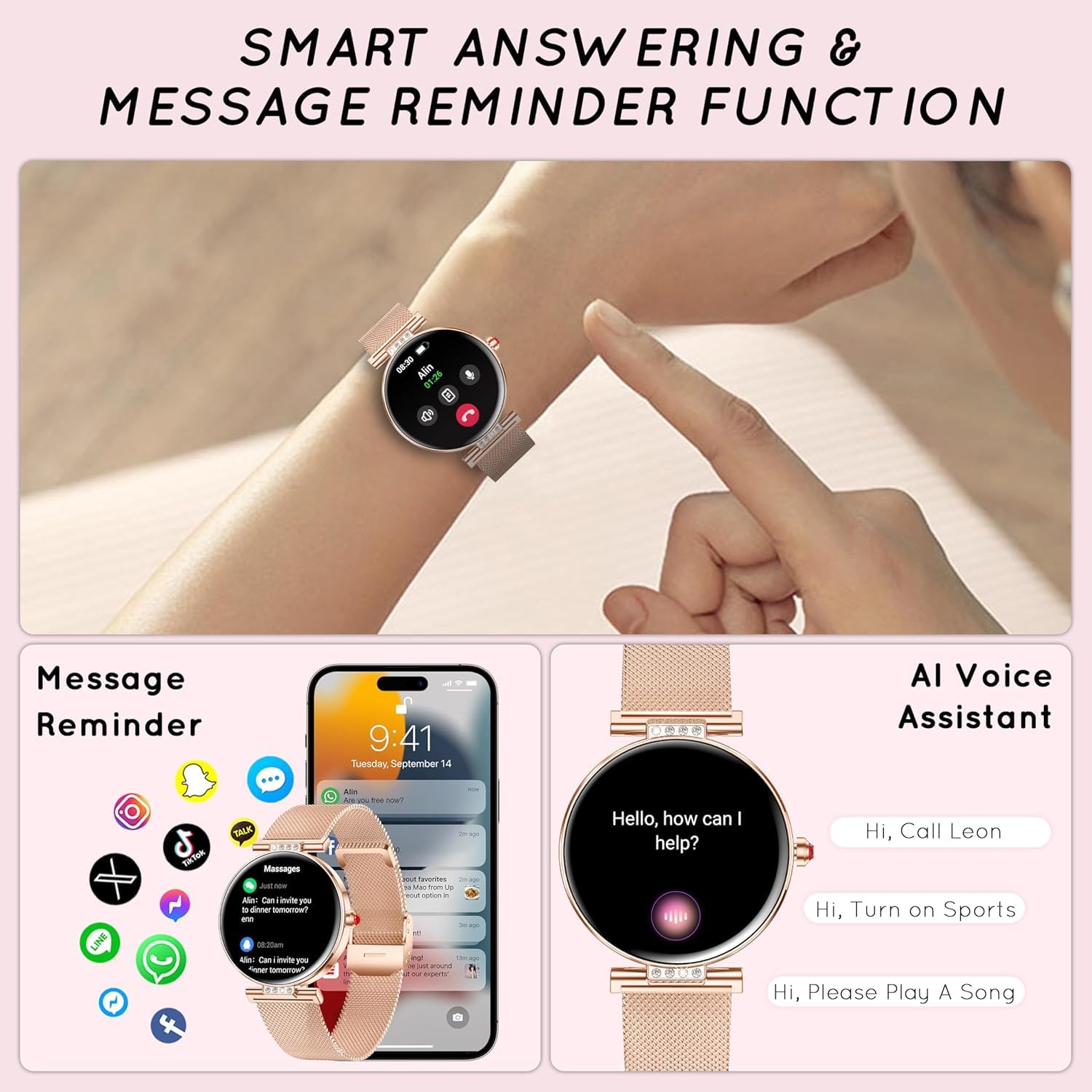 Reloj Inteligente Mujer Pantalla AMOLED 1,19'' Elegante Pequeño Oro Rosa | Reloj Deportivo Contador Monitor Sueño Pulsómetro SpO2 Smartwatch con Llamadas IP68 compatible con iPhone Android