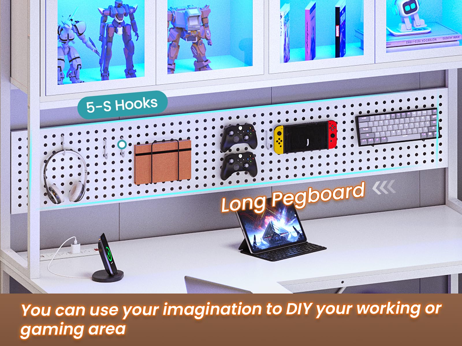 SEDETA L Shaped Gaming Desk with Drawers, L Shaped Computer Desk with Hutch and Storage Shelves, Gaming Desk with Pegboard, Led Lights, and Power Outlet, Home Office Desk, Corner Desk,