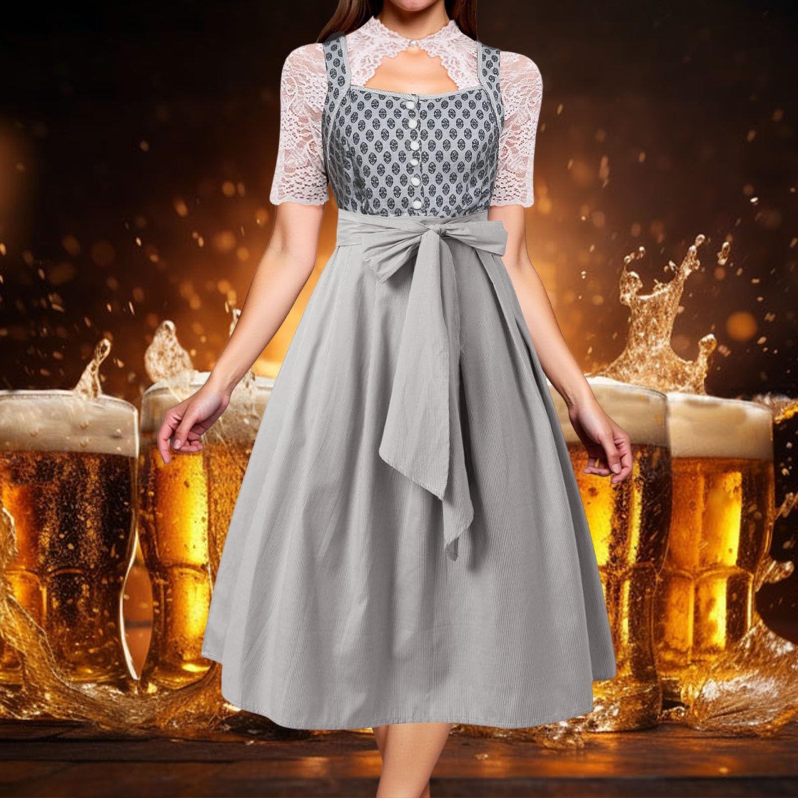 Dirndl Grosse Grössen, Oktoberfest Damen Outfit Dirndl Lang mit Knöpfen 2 Set Inkl. Hängerkleid Ärmellos und Dirndlschürzen. Damenmode Trachtenkleid Modern Dirndl-Komplettsets Dirndlkleid für Party
