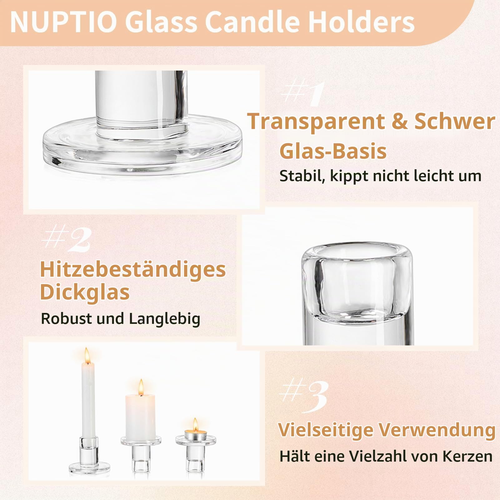 NUPTIO Kerzenhalter Glas Kerzenständer Stabkerzen: 20er Stabkerzenhalter