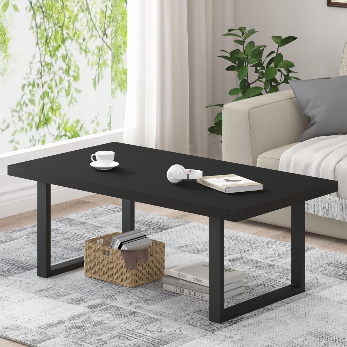 IBF Modern Black Coffee Table, Minimalist Industrial Wooden Center Table, Simple Farmhouse Rectangle Living Room Table, Wood and Metal Cocktail Coffee Table for Home Bedroom Office, Black Oak, 47 Inch Black Oak 47 inch
