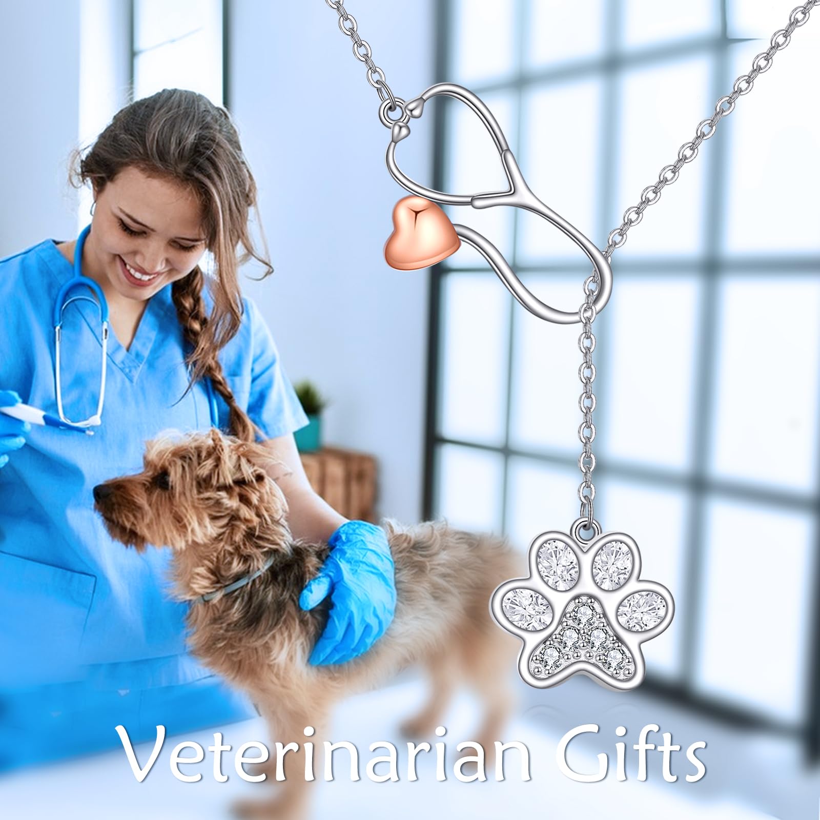 Collar veterinario de plata de ley con estetoscopio de pata lariat para veterinarios, regalo para mujer, Plata esterlina