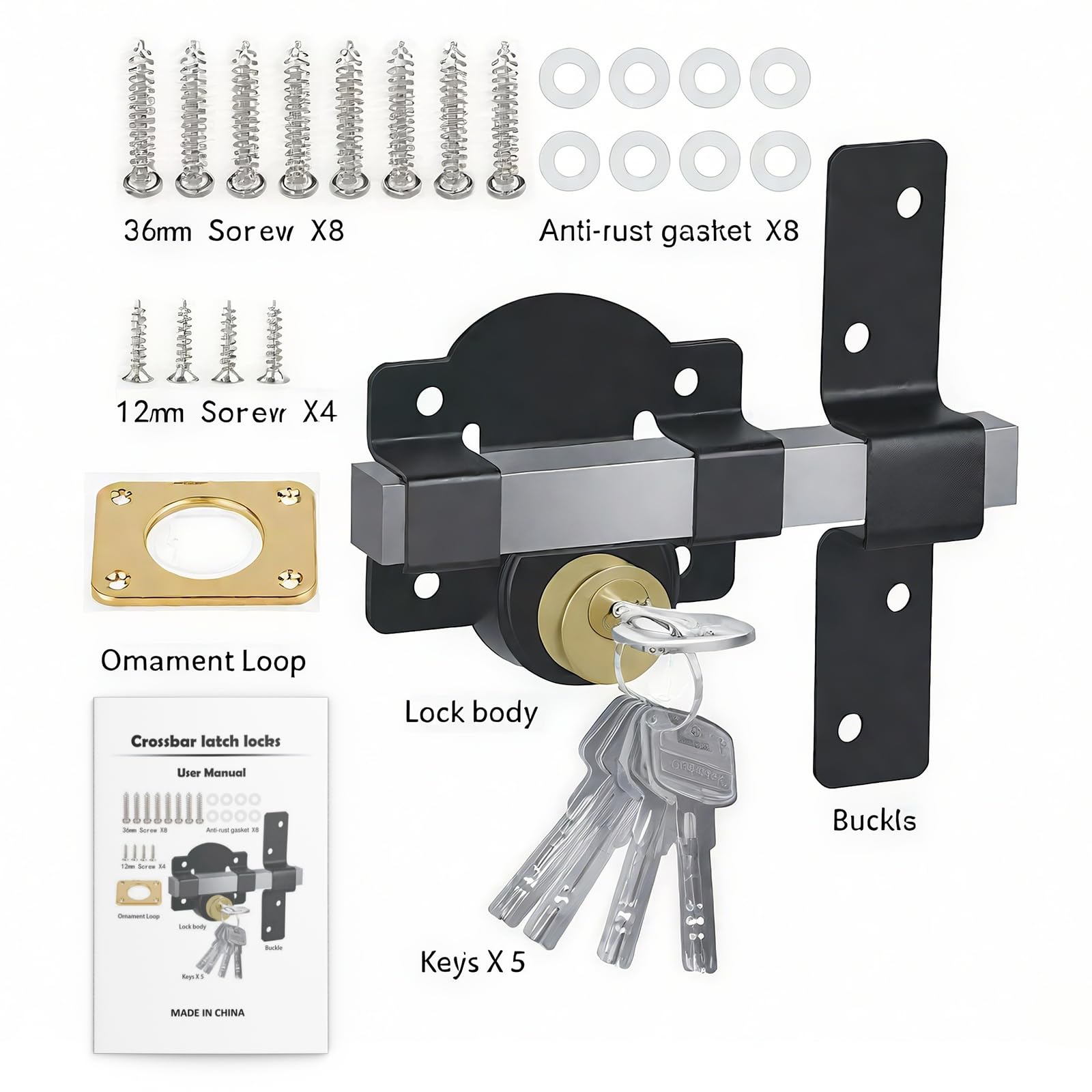 Verrou de Sécurité Porte, Serrure de Porte Double Face 70 mm, Barre Transverse + Clé Mécanique, Double Ouverture Intérieur et Extérieur, Convient pour Cour, Jardin, Porte de Terrasse, 5 Clés Incluses