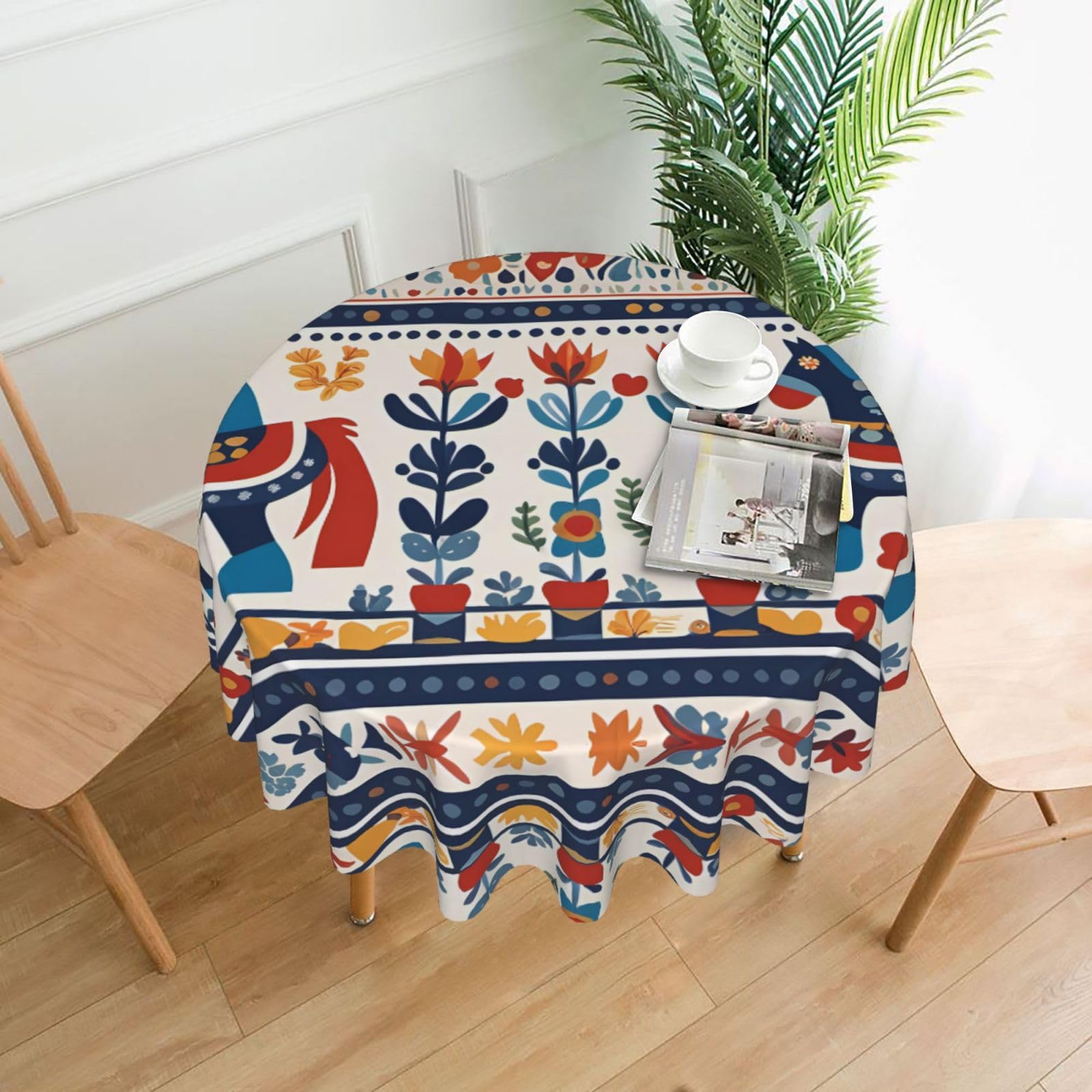 HJFCZH Swedish Dala Horse Folk Prints Round Decorative Tablecloth 60in - High-Grade Polyester Throw for Dinners, Weddings & Everyday Use