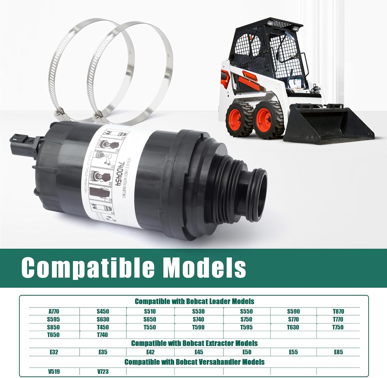 7400454 Fuel Filter Replacement for Bobcat Skid Steers & Loaders T/S Series A770 for Excavators E32 E35 for Versahandlers V519 V723, Includes Water Separator